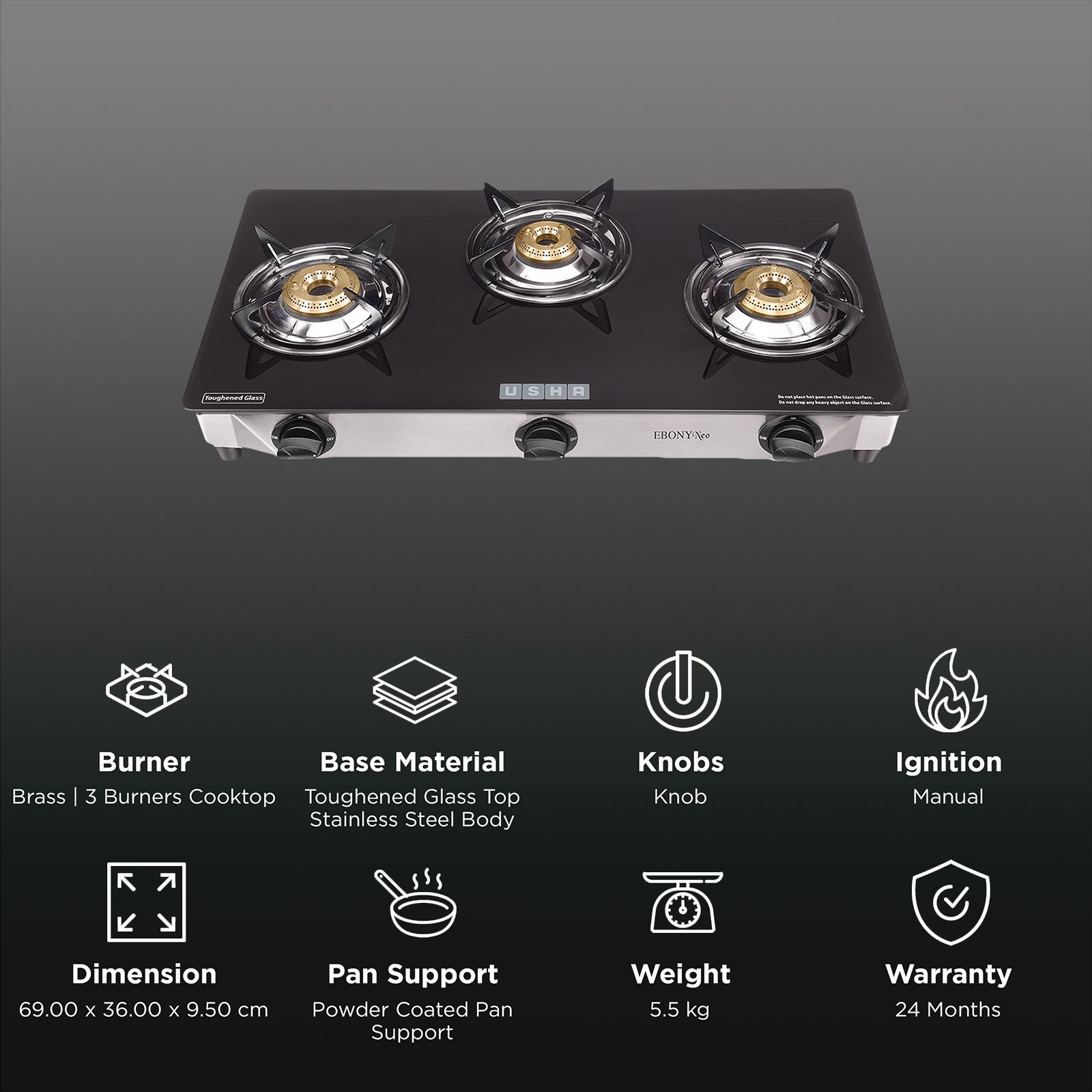 USHA Ebony Neo GS3003 Toughened Glass Top 3 Burner Manual Gas Stove (Powder Coated Pan Support, Black) USHA Ebony Neo GS3003 Toughened Glass Top 3 Burner Manual Gas Stove (Powder Coated Pan Support, Black)_3