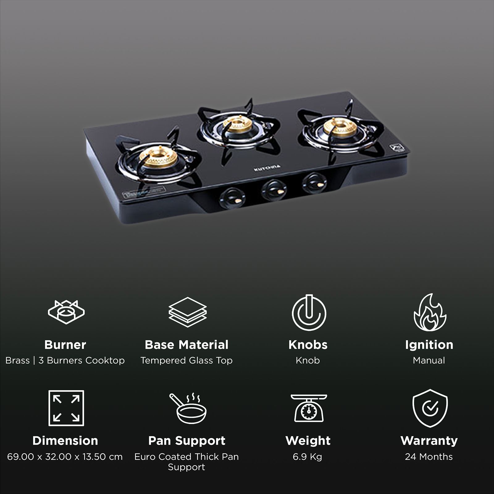 Kutchina Vetro Eco 3B Tempered Glass Top 3 Burner Manual Gas Stove (Euro Coated Thick Pan Support, Black) Kutchina Vetro Eco 3B Tempered Glass Top 3 Burner Manual Gas Stove (Euro Coated Thick Pan Support, Black)_3