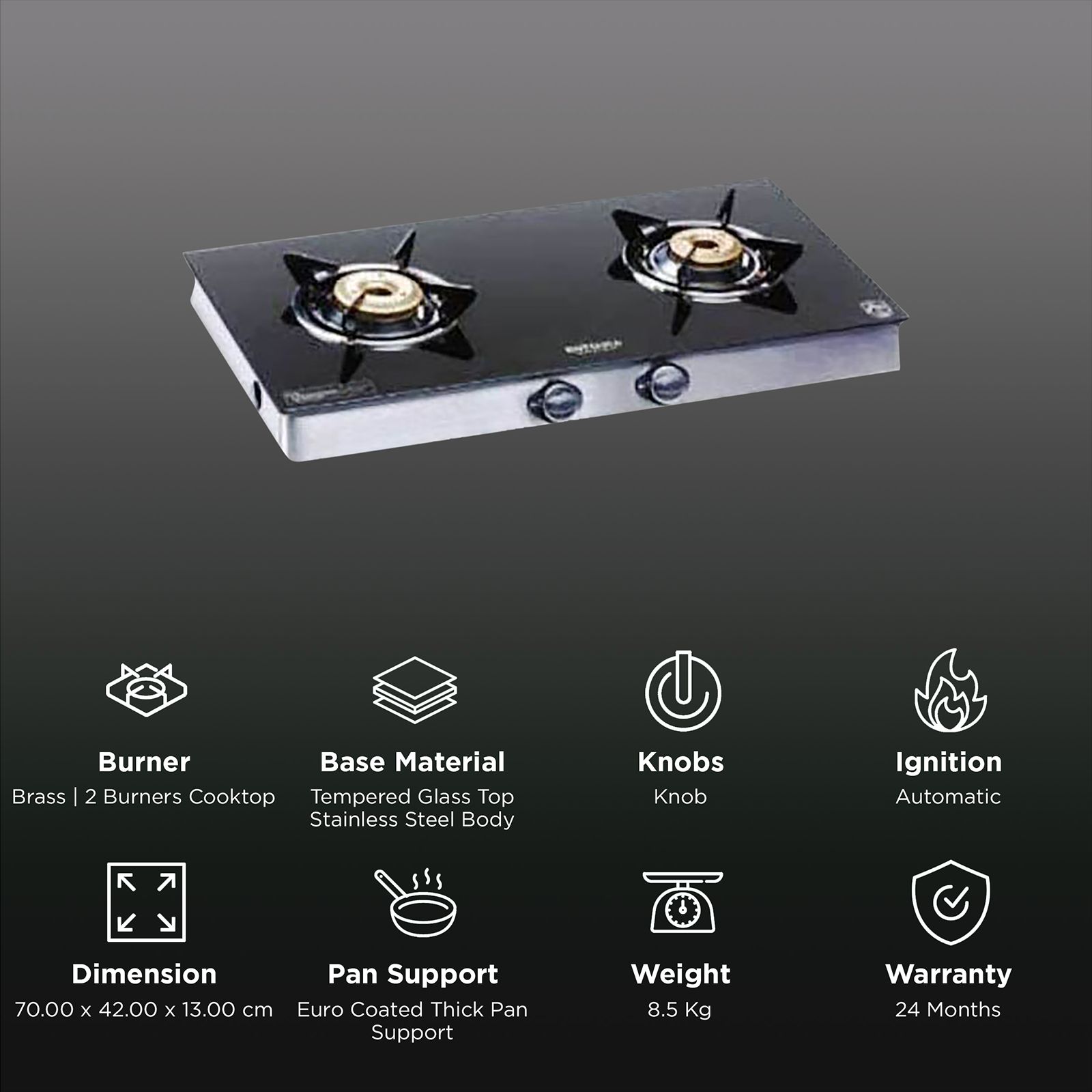 Kutchina Inferno Excel 2B Tempered Glass Top 2 Burner Automatic Gas Stove (Euro Coated Thick Pan Support, Black) Kutchina Inferno Excel 2B Tempered Glass Top 2 Burner Automatic Gas Stove (Euro Coated Thick Pan Support, Black)_3