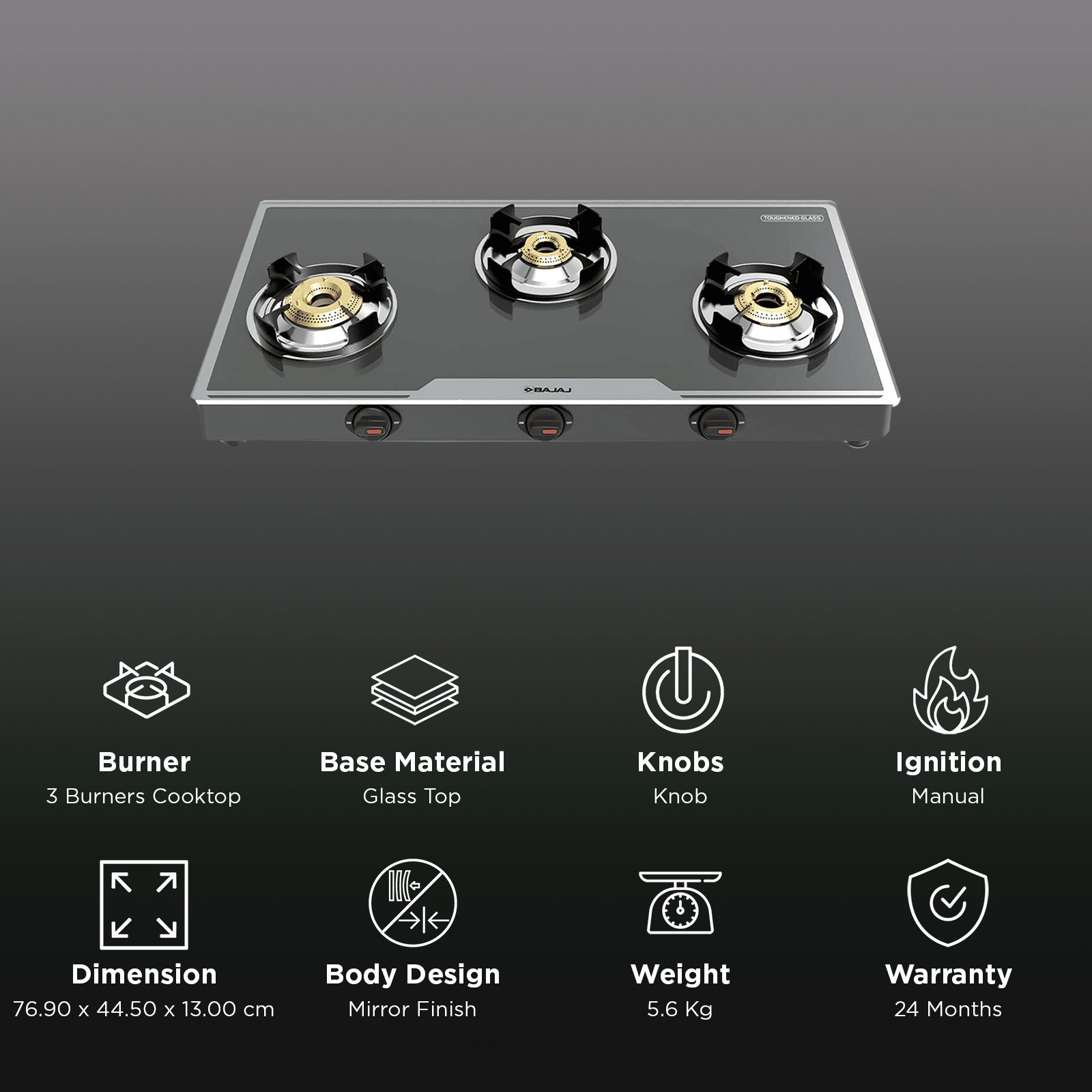 BAJAJ 3BJGP7 Glass Top 3 Burner Manual Gas Stove (Integrated SS Drip Tray, Black) BAJAJ 3BJGP7 Glass Top 3 Burner Manual Gas Stove (Integrated SS Drip Tray, Black)_2