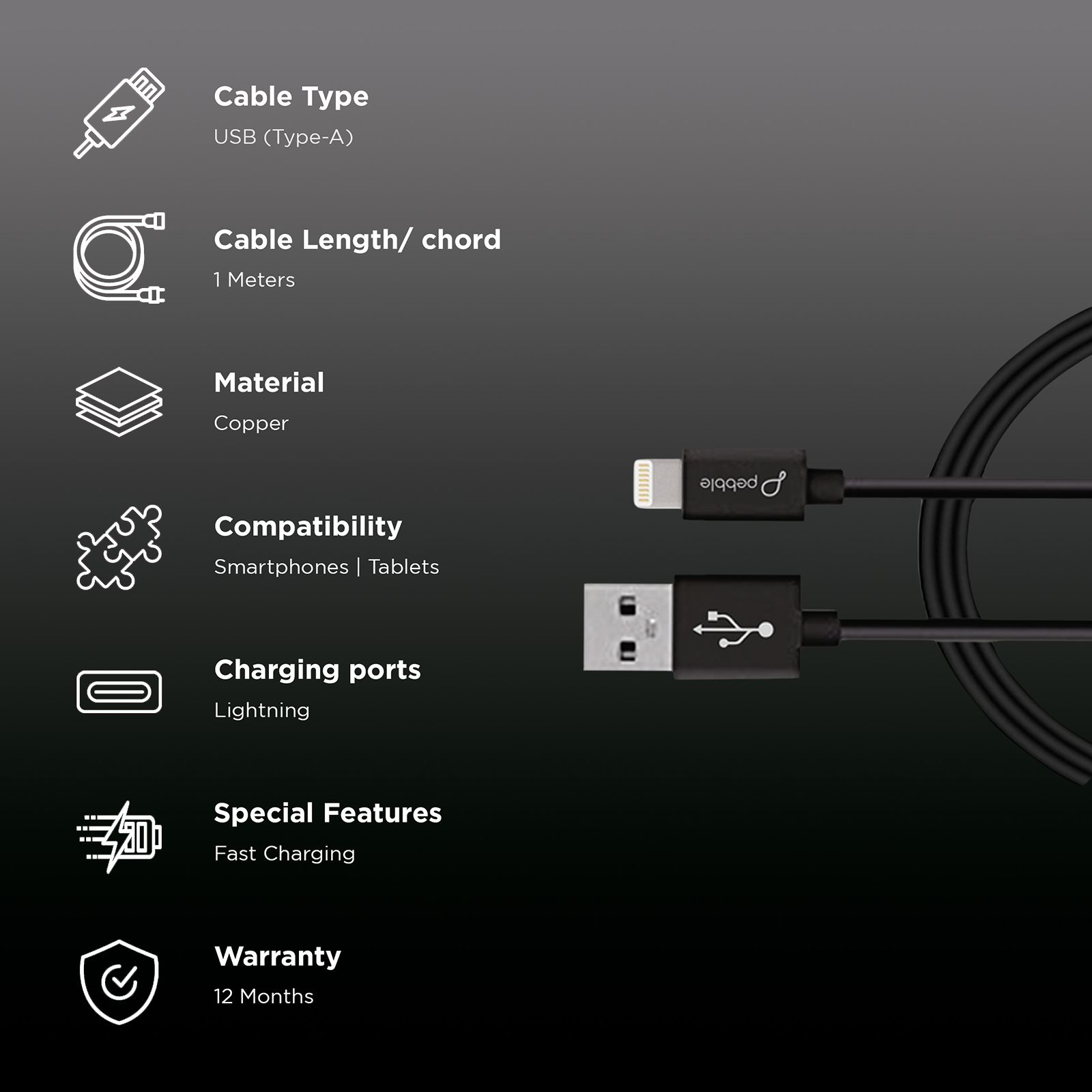 pebble PBCL10 Type A to Lightning 3.2 Feet (1M) Cable (Fast Charging, Black) pebble PBCL10 Type A to Lightning 3.2 Feet (1M) Cable (Fast Charging, Black)_2