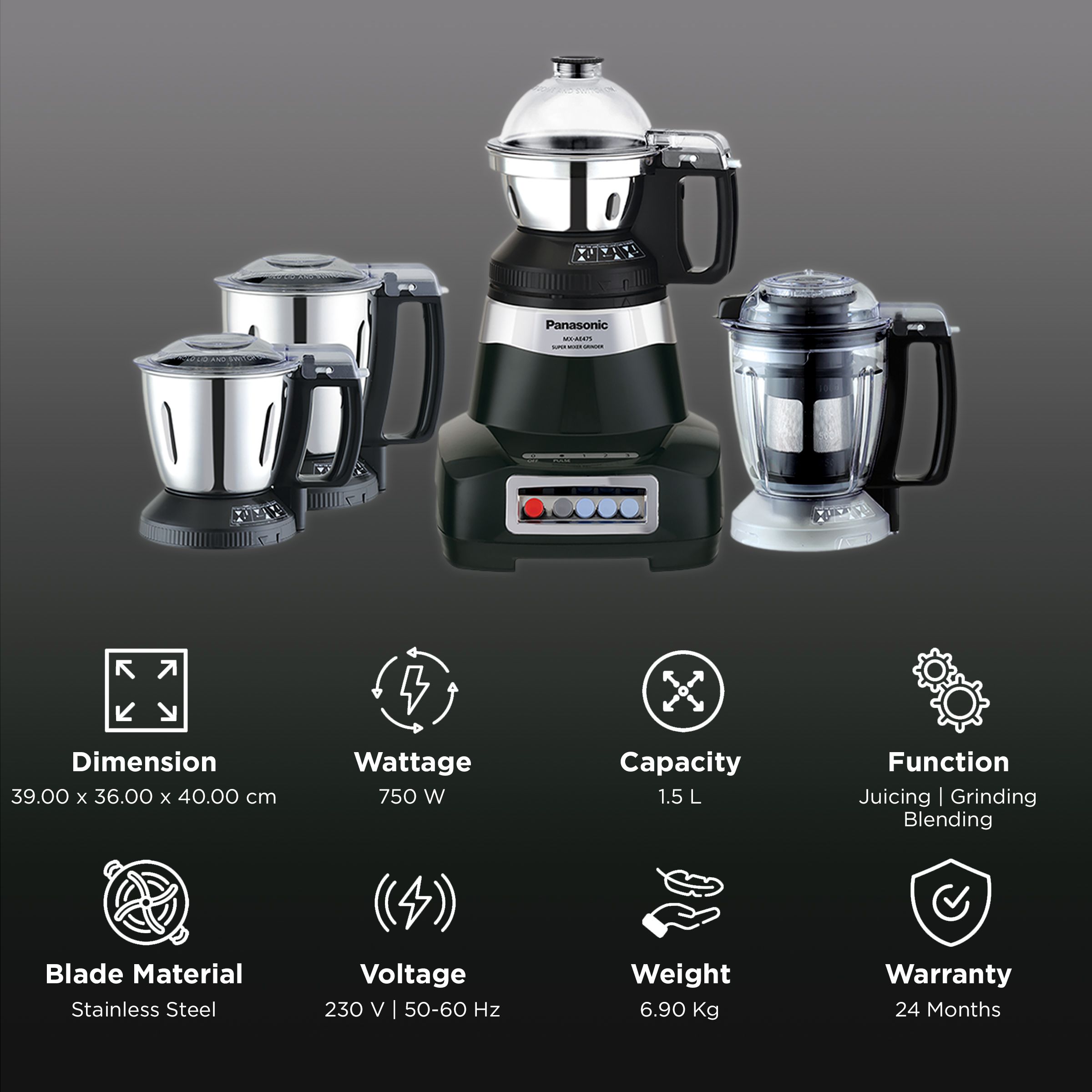 Panasonic 750 Watt 4 Jars Juicer Mixer Grinder (Double Safety Lock, Black)_2