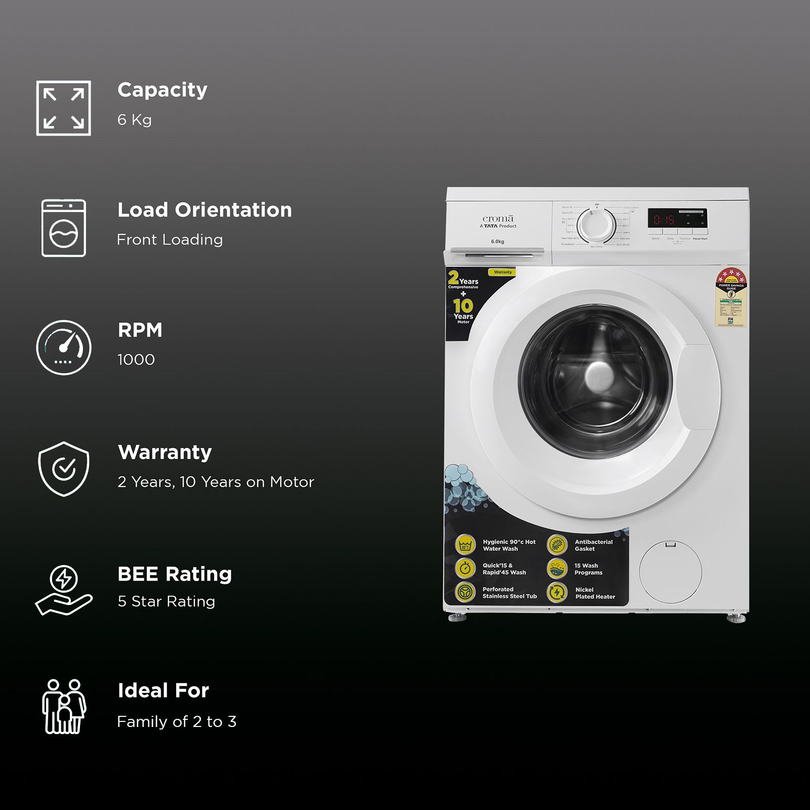Croma 6 kg 5 Star Fully Automatic Front Load Washing Machine (CRLWFL0605W7901, In-built Heater, White)_2
