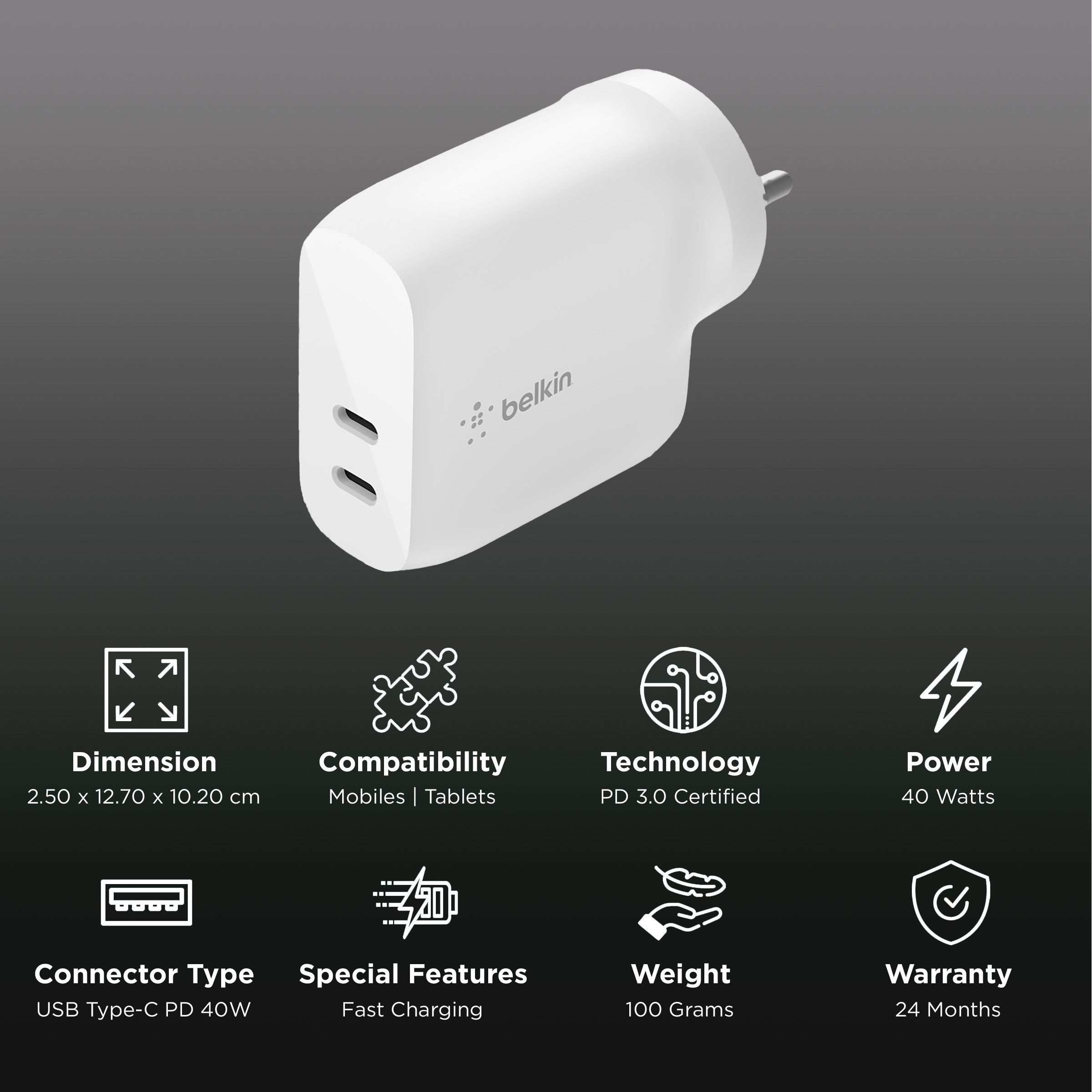 belkin BoostCharge 40W Type C 2-Port Fast Charger (Adapter Only, PD 3.0 Certified, White) belkin BoostCharge 40W Type C 2-Port Fast Charger (Adapter Only, PD 3.0 Certified, White)_2