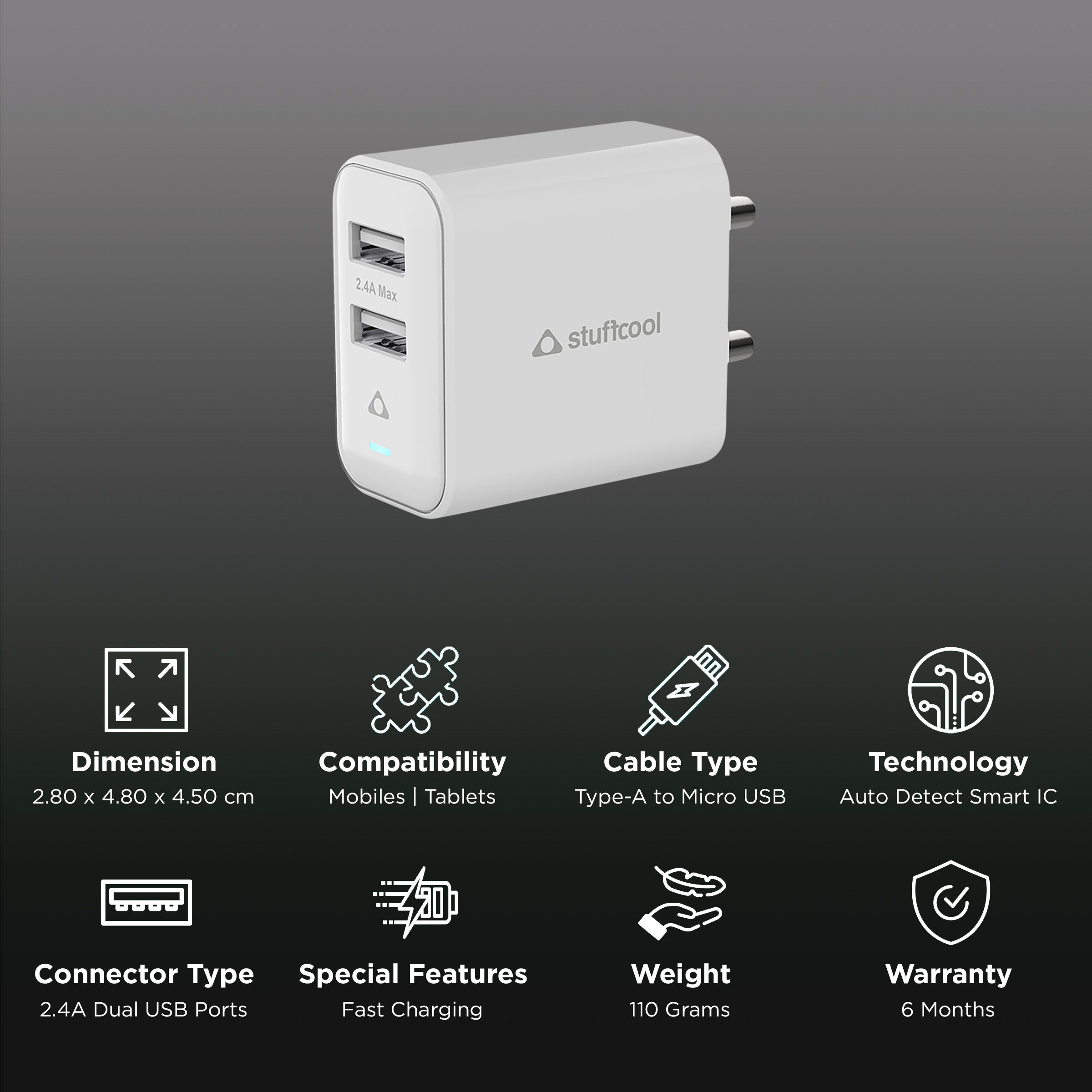 Stuffcool Flow Type A 2-Port Fast Charger (Type A to Micro USB Cable, Auto Detect Smart IC, White)_2