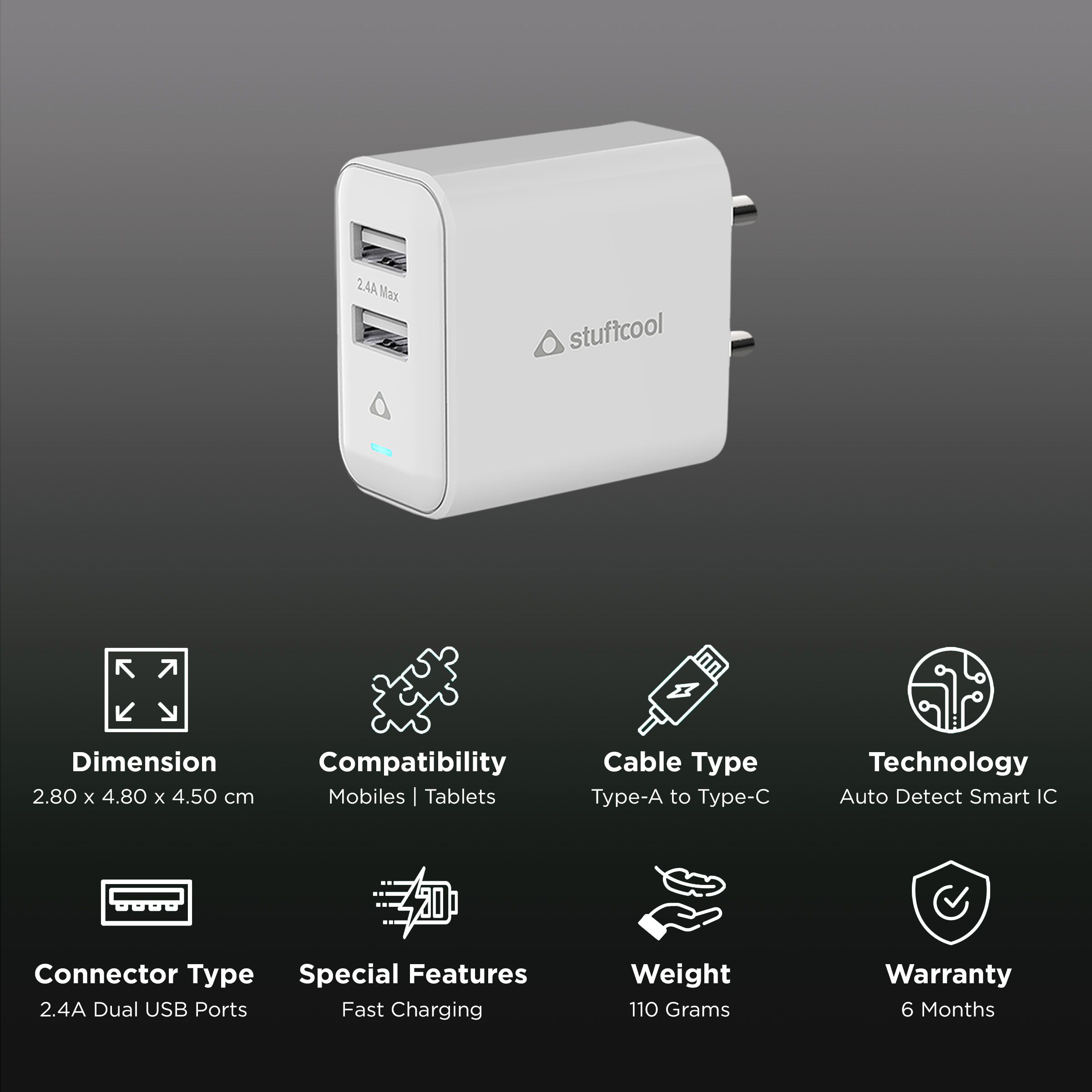 Stuffcool Flow Type A 2-Port Fast Charger (Type A to Type C Cable, Auto Detect Smart IC, White)_2