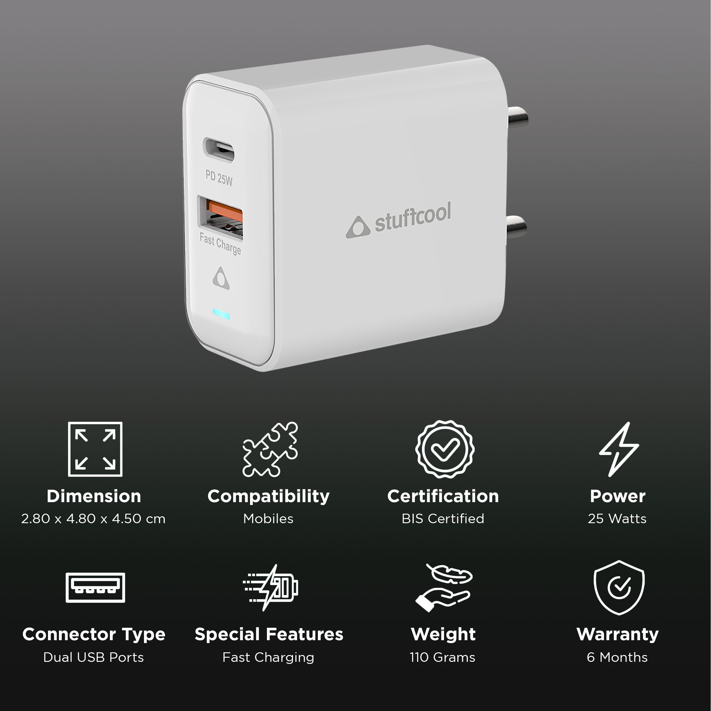 Stuffcool Flow 25W Type A & Type C 2-Port Fast Charger (Adapter Only, BIS Approved, White) Stuffcool Flow 25W Type A & Type C 2-Port Fast Charger (Adapter Only, BIS Approved, White)_2