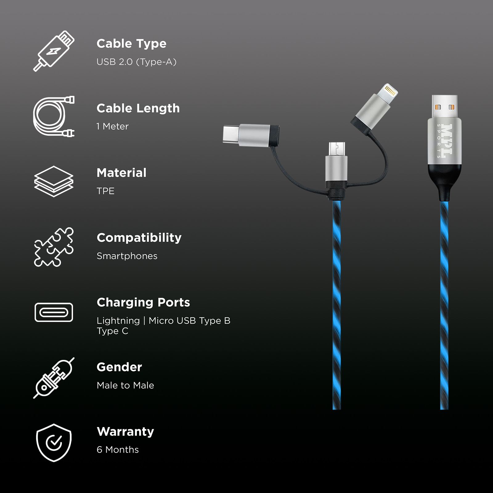 Macmerise Illume Type A to Type C, Micro USB, Lightning 3.3 Feet (1M) 3-in-1 Cable (LED Light Flow, Black) Macmerise Illume Type A to Type C, Micro USB, Lightning 3.3 Feet (1M) 3-in-1 Cable (LED Light Flow, Black)_2