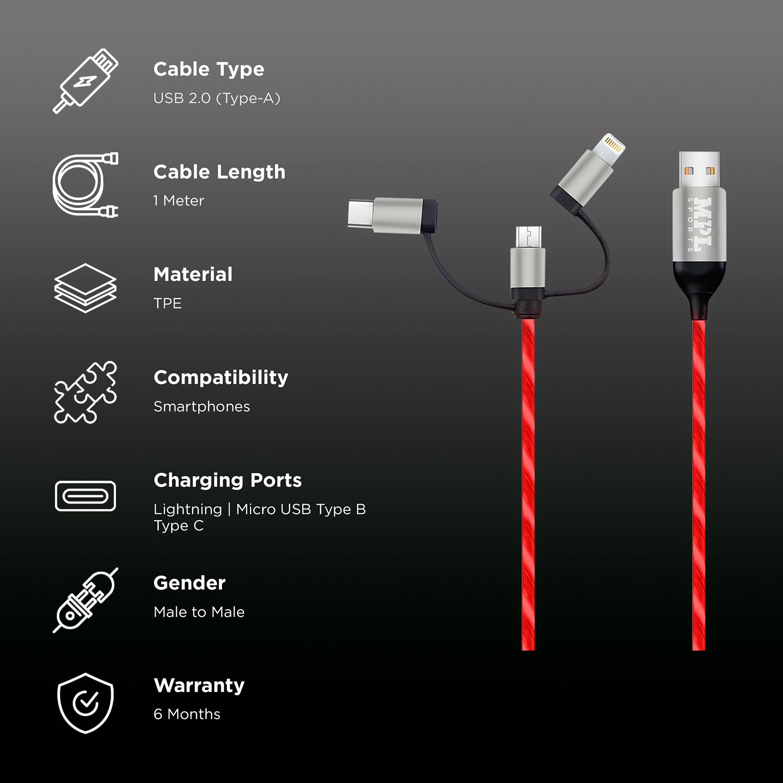 Macmerise Illume Type A to Type C, Micro USB, Lightning 3.3 Feet (1M) 3-in-1 Cable (LED Light Flow, Red/Silver)_2