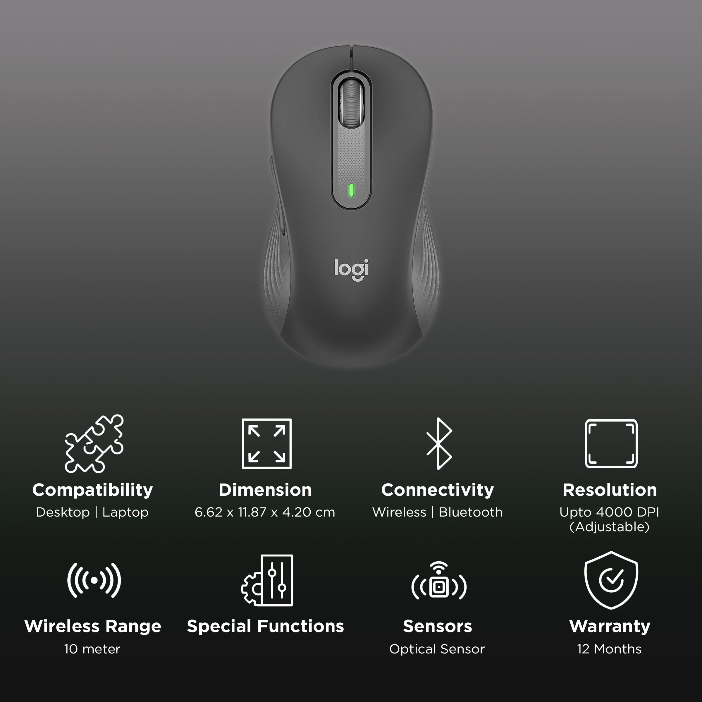 logitech Signature M650 L Wireless Optical Performance Mouse with Customizable Buttons (4000 DPI Adjustable, Multi Device Connectivity, Graphite)_2