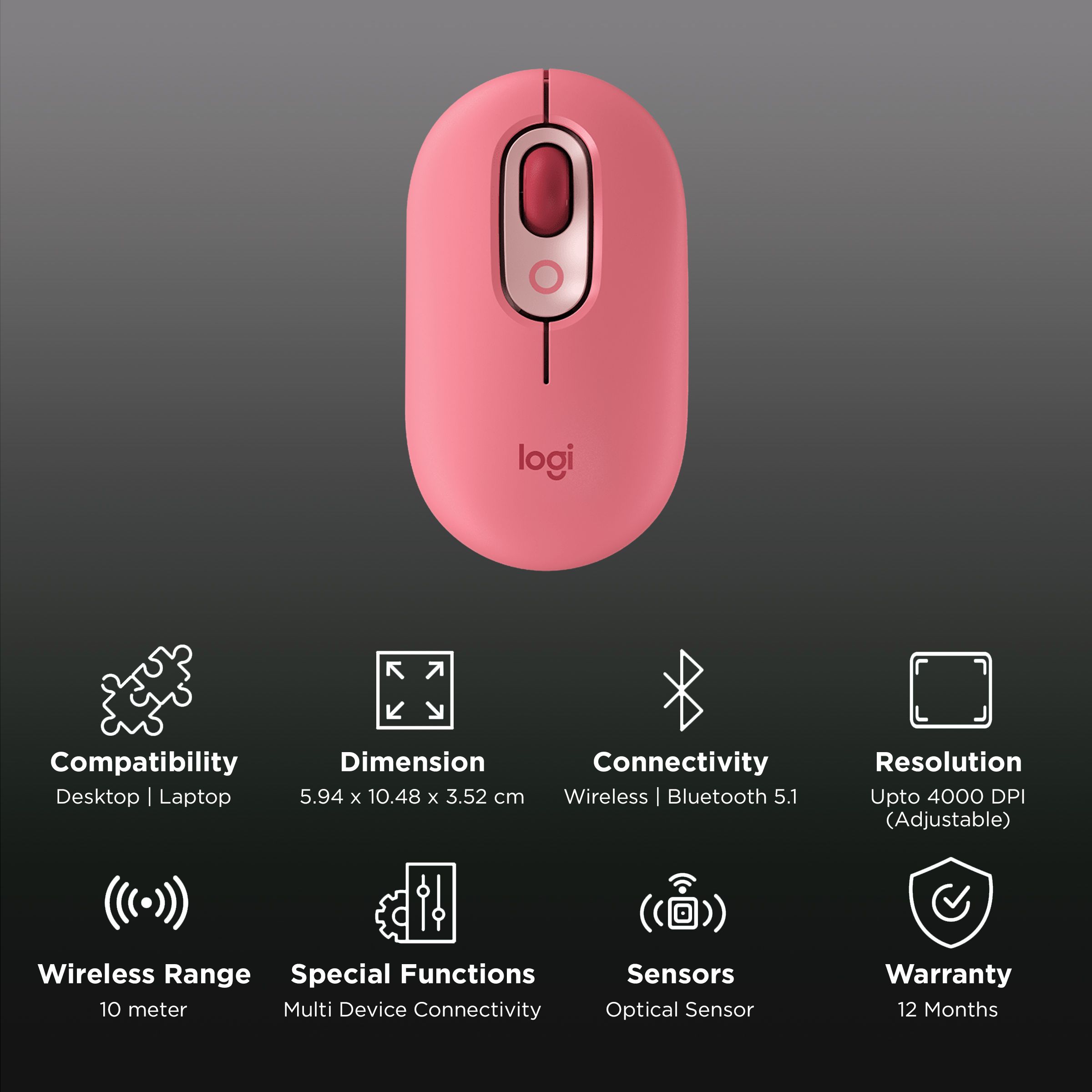logitech POP Wireless Optical Performance Mouse with Silent Click Buttons (4000 DPI Adjustable, Multi Device Connectivity, Heartbreaker)_2