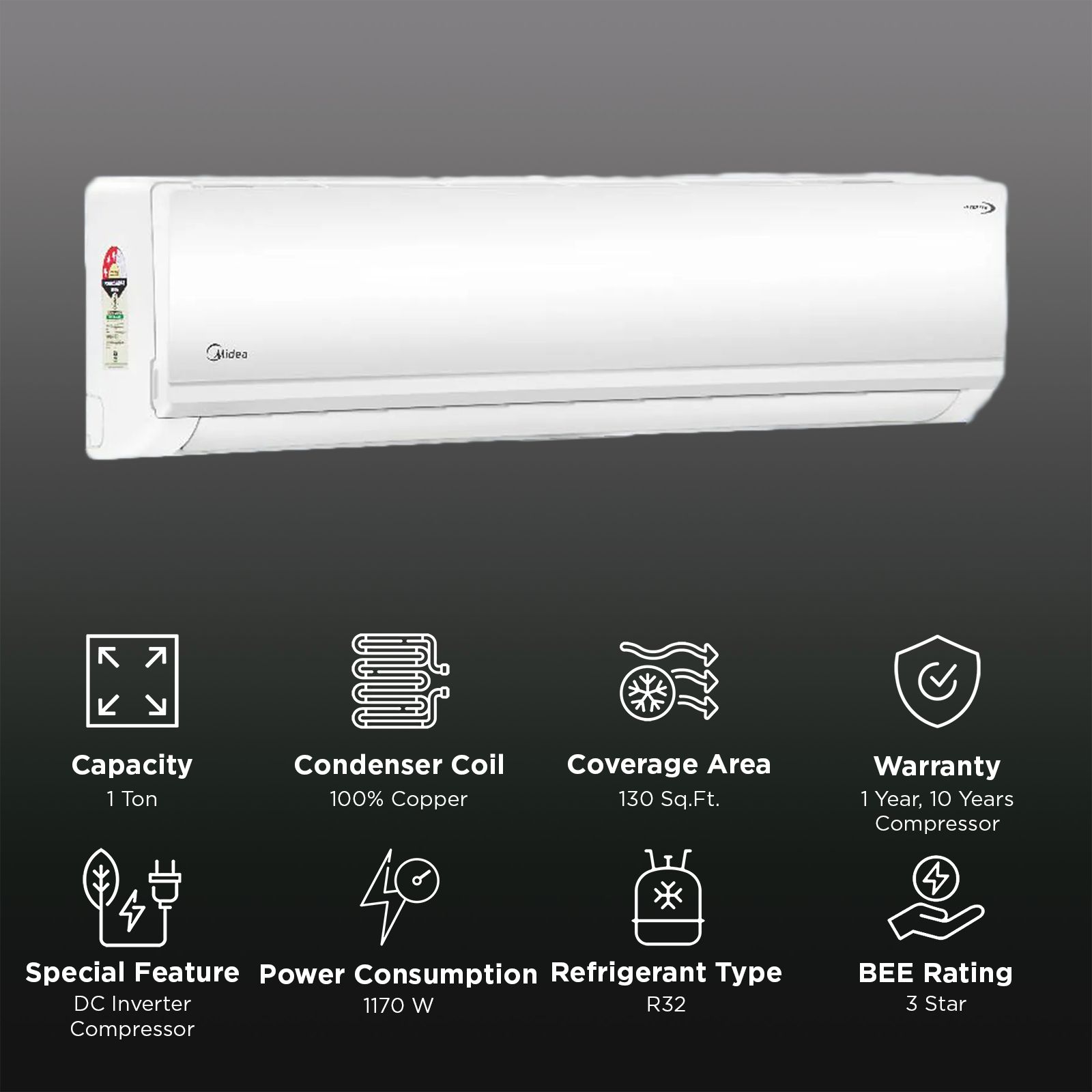 Midea Santis Neo DLX 1 Ton 3 Star Inverter Split AC (Copper Condenser, AG+ Nano Filter, MAI12SD3R30F1) Midea Santis Neo DLX 1 Ton 3 Star Inverter Split AC (Copper Condenser, AG+ Nano Filter, MAI12SD3R30F1)_2