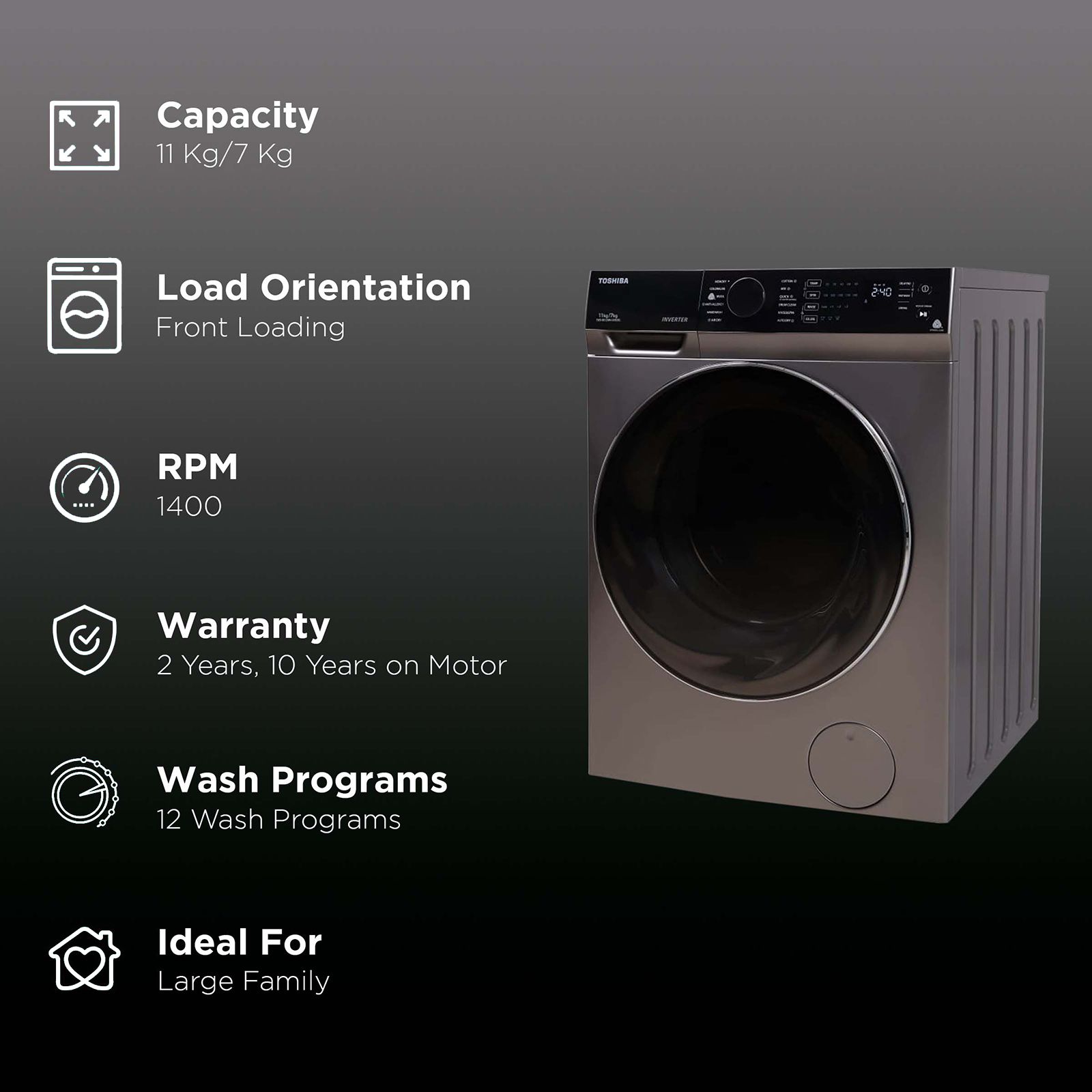 TOSHIBA 11/7 kg Inverter Fully Automatic Front Load Washer Dryer (TWD-BK120M4-IND(SK), Cyclone Mix Feature, Silver) TOSHIBA 11/7 kg Inverter Fully Automatic Front Load Washer Dryer (TWD-BK120M4-IND(SK), Cyclone Mix Feature, Silver)_2