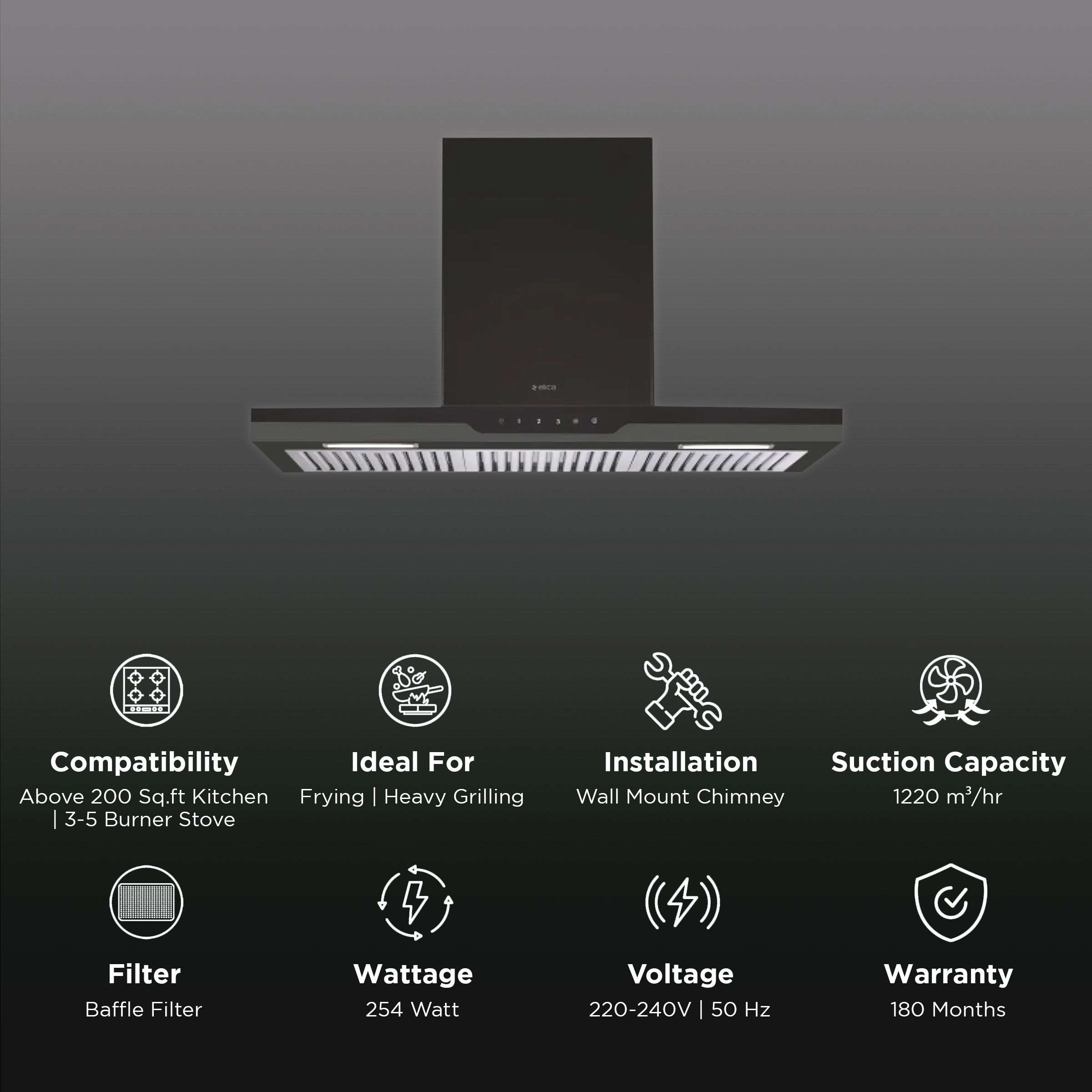 elica METEORITE ETB PLUS LTW 90 NERO T4V 90cm 1220m3/hr Ducted Wall Mounted Chimney with User Friendly Operation (Black) elica METEORITE ETB PLUS LTW 90 NERO T4V 90cm 1220m3/hr Ducted Wall Mounted Chimney with User Friendly Operation (Black)_3