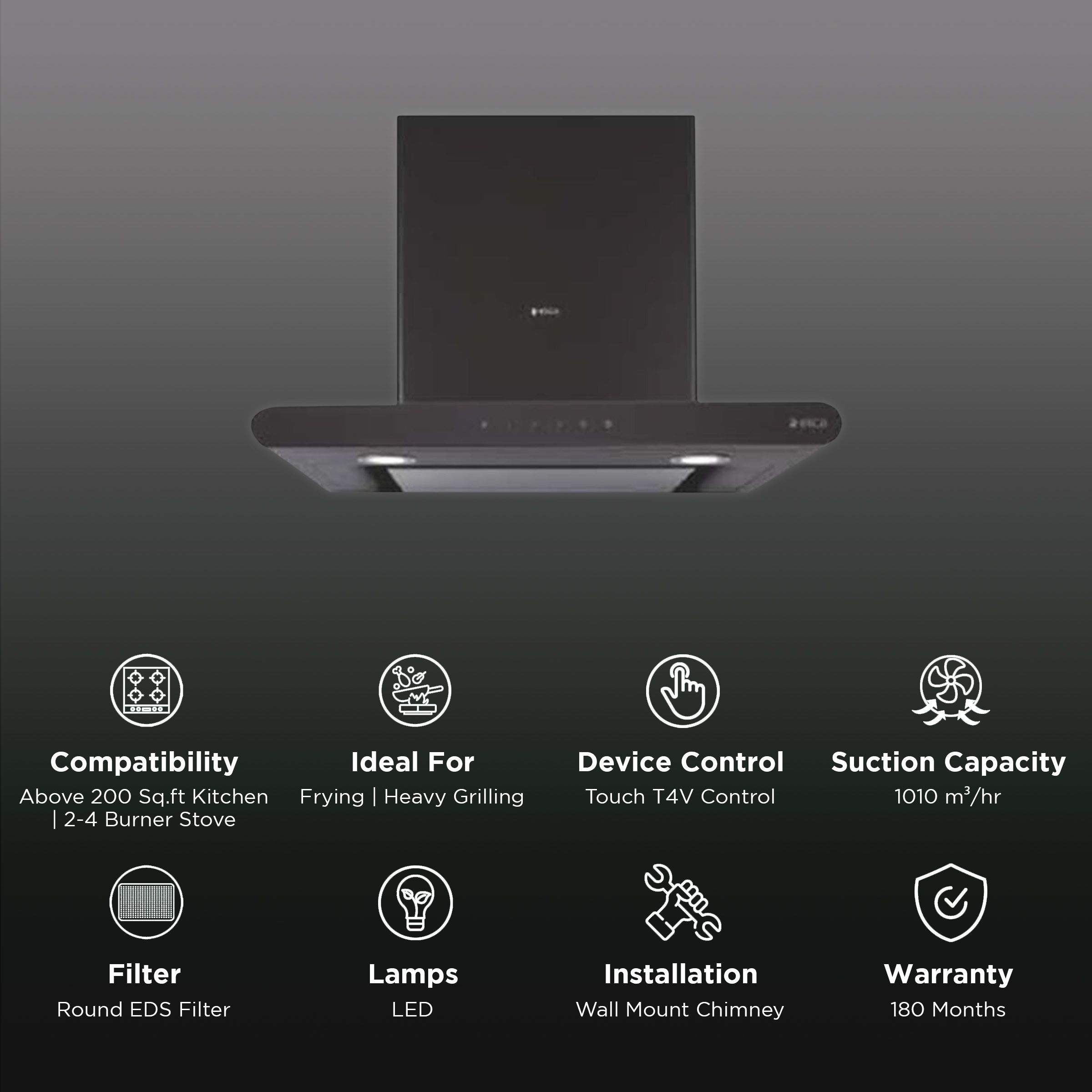 elica GALAXY EDS HE LTW 60 NERO T4V LED 60cm 1010m3/hr Ducted Wall Mounted Chimney with Touch T4V Control (Black) elica GALAXY EDS HE LTW 60 NERO T4V LED 60cm 1010m3/hr Ducted Wall Mounted Chimney with Touch T4V Control (Black)_3
