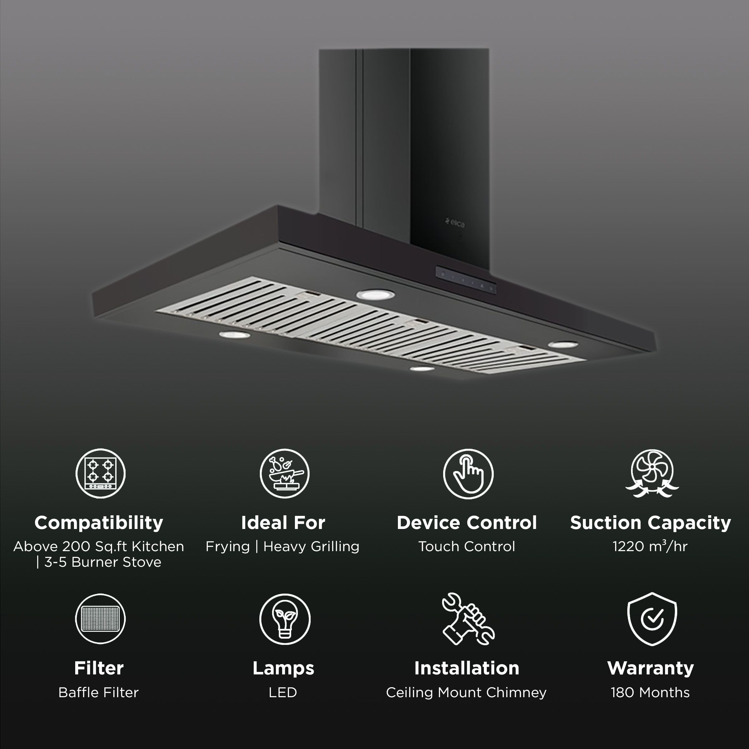 elica SPOT TRIM ISLAND ETB PLUS LTW 90 N 90cm 1220m3/hr Ducted Ceiling Mounted Chimney with Touch Control (Black) elica SPOT TRIM ISLAND ETB PLUS LTW 90 N 90cm 1220m3/hr Ducted Ceiling Mounted Chimney with Touch Control (Black)_3