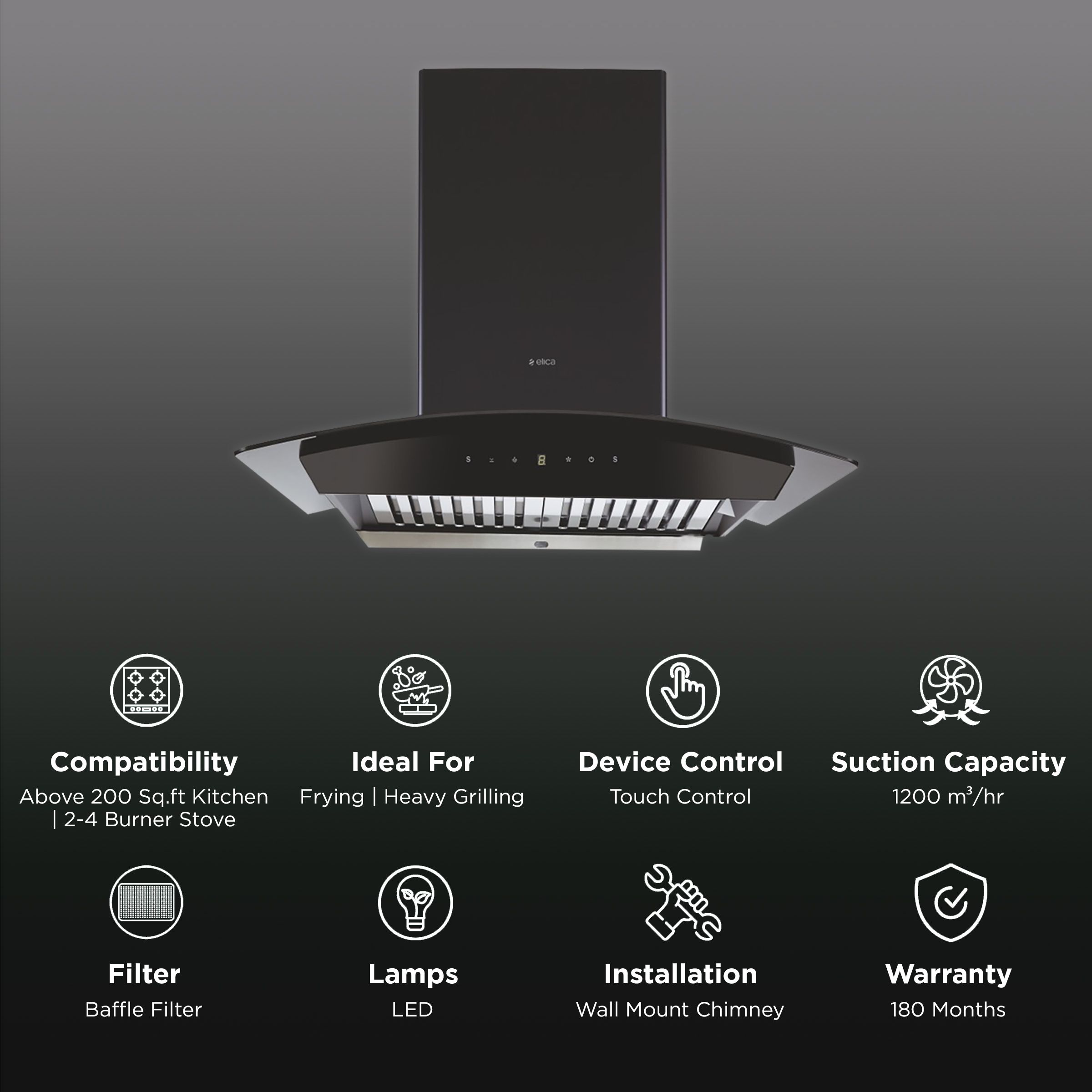 elica WDAT HAC 75 MS NERO 75cm 1200m3/hr Ducted Auto Clean Wall Mounted Chimney with Touch Control Panel (Matt Black) elica WDAT HAC 75 MS NERO 75cm 1200m3/hr Ducted Auto Clean Wall Mounted Chimney with Touch Control Panel (Matt Black)_3