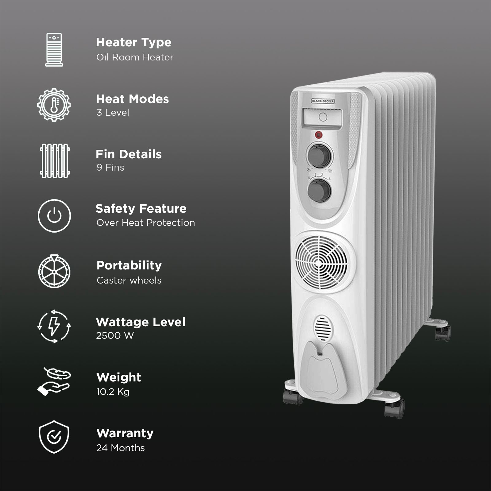 BLACK & DECKER BXRA0901IN 2500W Oil Filled Radiator Room Heater with 9 Fins (Adjustable Thermostat_3