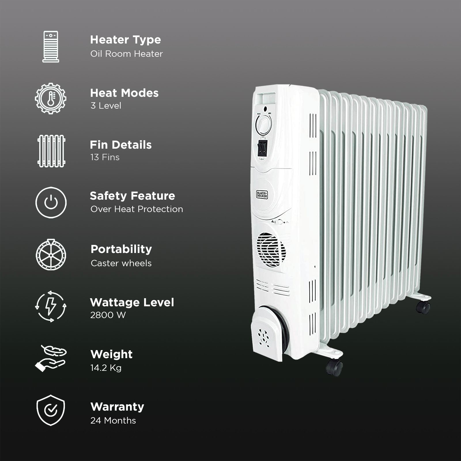 BLACK & DECKER BXRA1301IN 2800W Oil Filled Radiator Room Heater with 13 Fins (Adjustable Thermostat_3