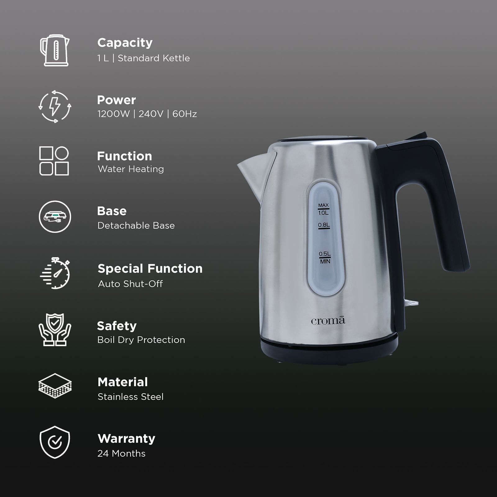Croma 1200 Watt 1 Litre Electric Kettle with Auto Shut Off (Black) Croma 1200 Watt 1 Litre Electric Kettle with Auto Shut Off (Black)_3