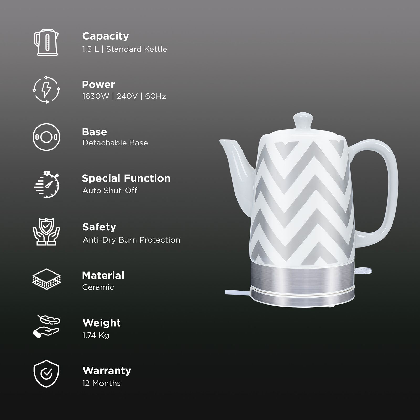Croma 1630 Watt 1.5 Litre Electric Kettle with Detachable Base and Ceramic body (White)_3