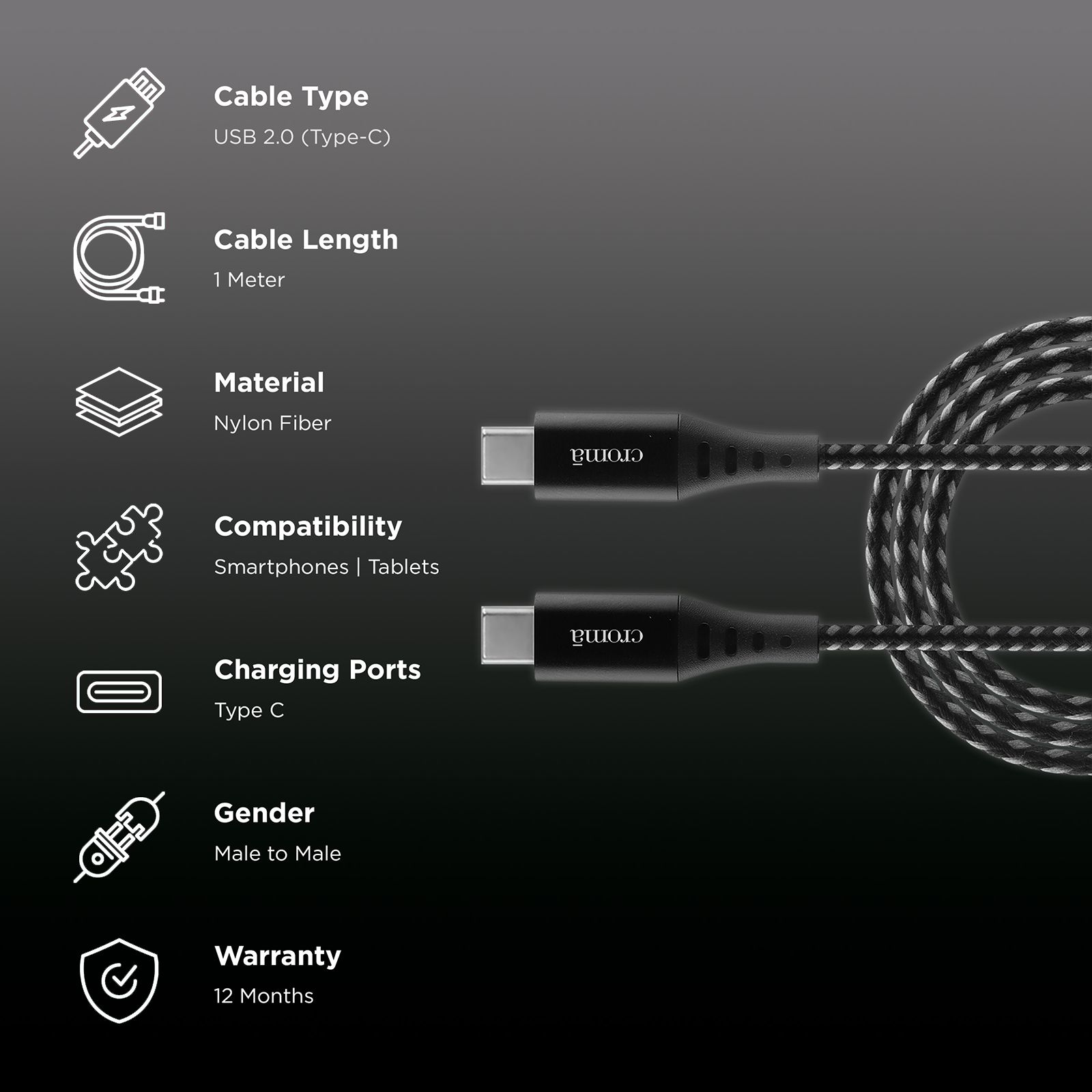 Croma Type C to Type C 3.3 Feet (1M) Cable (Nylon Braided, Grey) Croma Type C to Type C 3.3 Feet (1M) Cable (Nylon Braided, Grey)_2