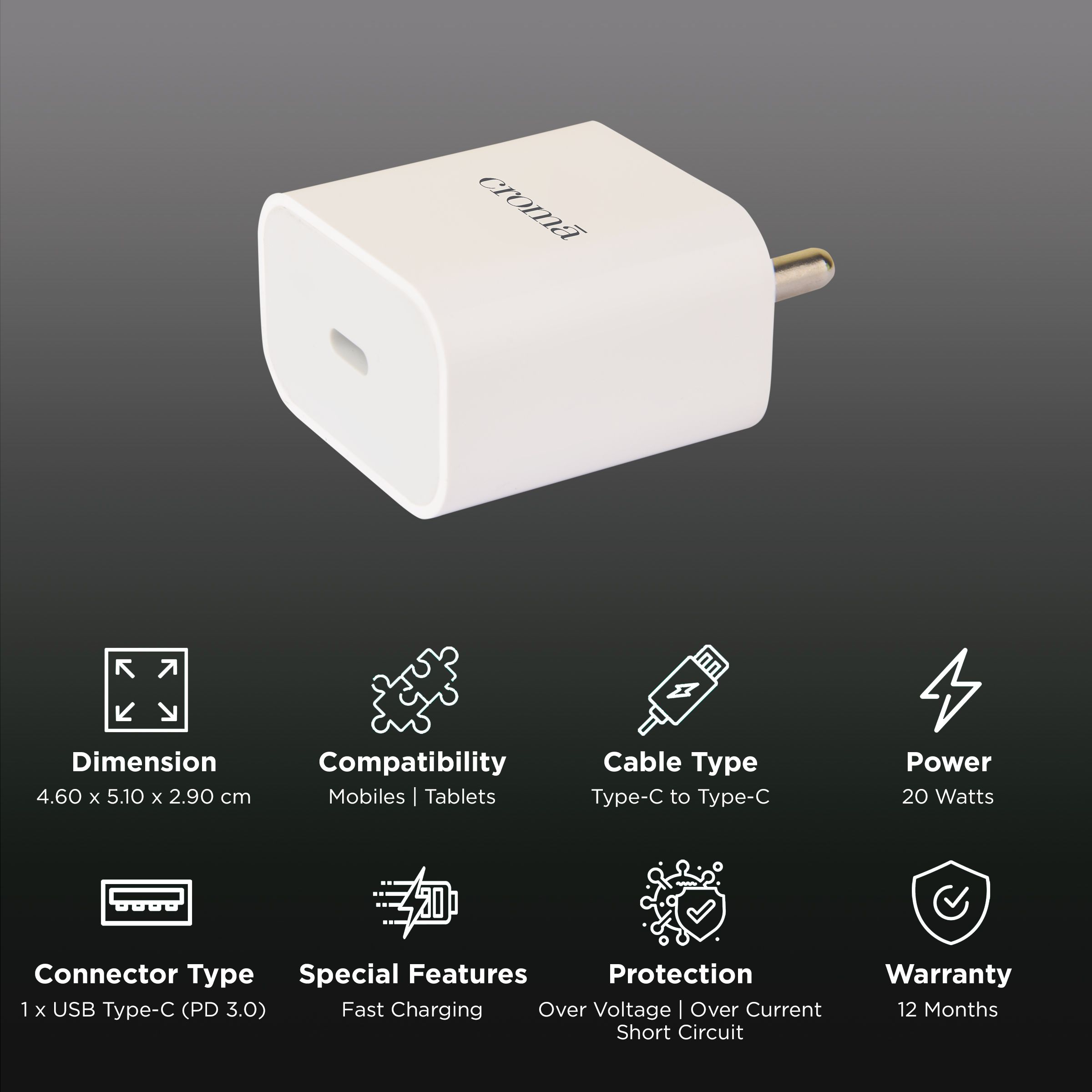 Croma 2W Type C Fast Charger (Type C to Type C Cable, Short-Circuit Protection, White) Croma 2W Type C Fast Charger (Type C to Type C Cable, Short-Circuit Protection, White)_2