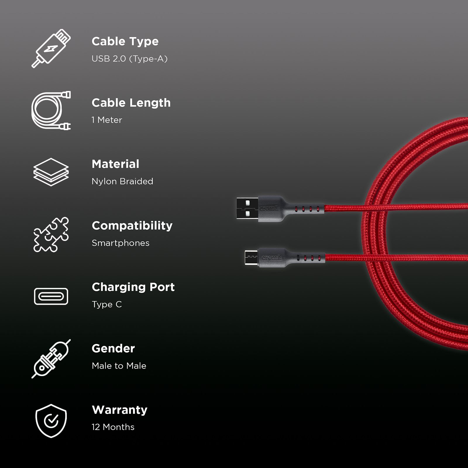 Croma USB 2.0 Type A to USB 2.0 Type C 1 Meter Charging Cable (Braided Outer Exterior, Red) Croma USB 2.0 Type A to USB 2.0 Type C 1 Meter Charging Cable (Braided Outer Exterior, Red)_2