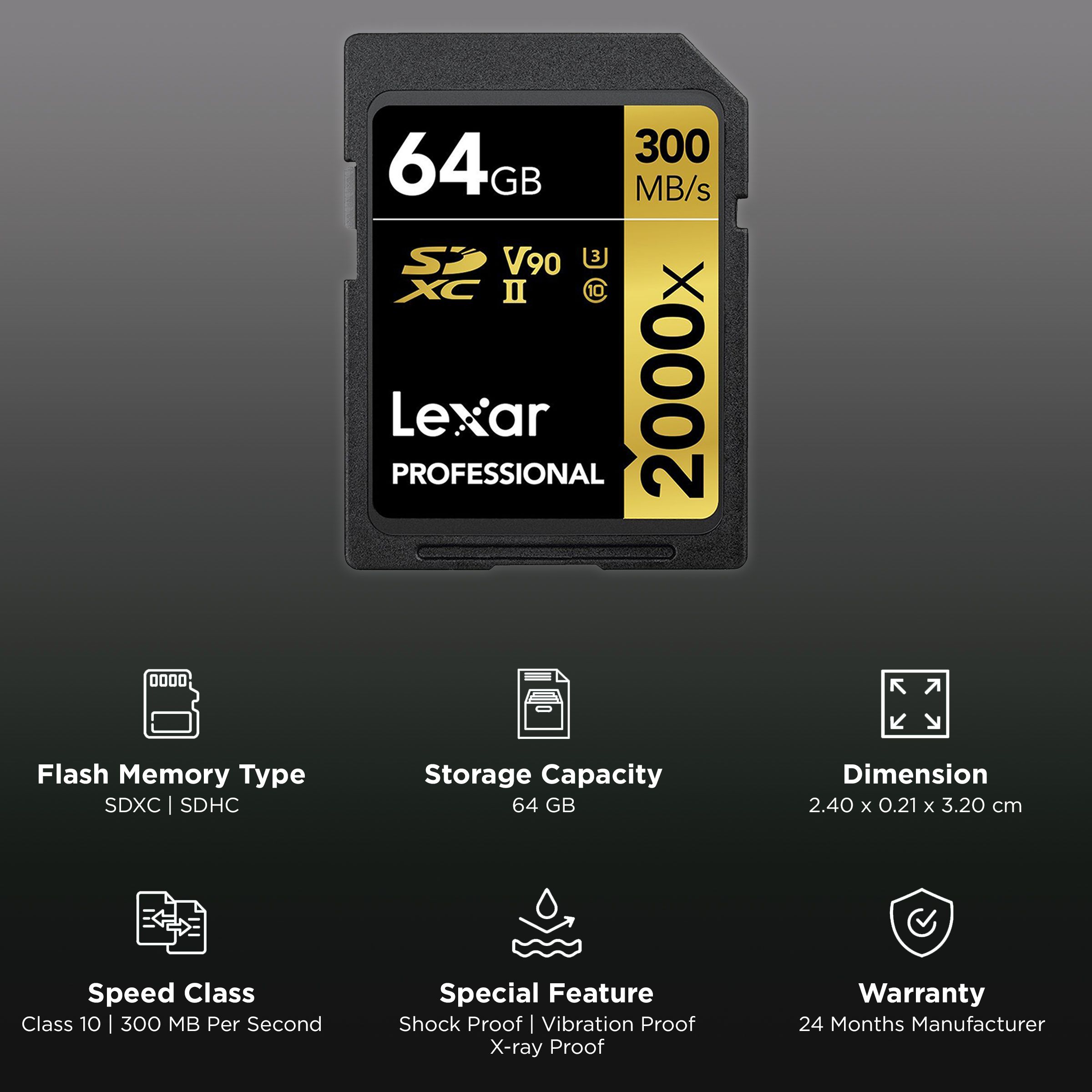 Lexar Professional 1800x GOLD Series SDXC 64GB Class 90, Class 3 300MB/s Memory Card_3