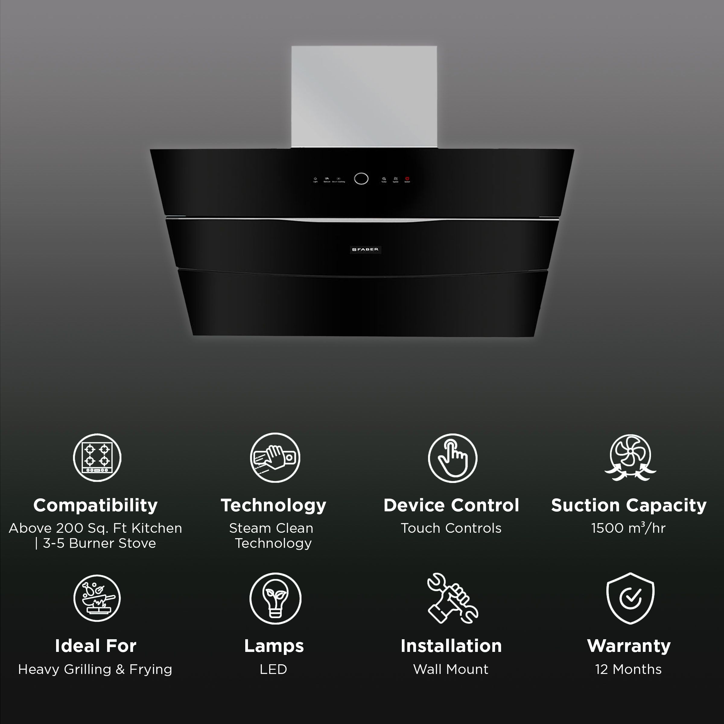 FABER BOLT FL SW SC BK N 90cm 1500m3/hr Ducted Auto Clean Wall Mounted Chimney with Touch Control Panel (Black) FABER BOLT FL SW SC BK N 90cm 1500m3/hr Ducted Auto Clean Wall Mounted Chimney with Touch Control Panel (Black)_3