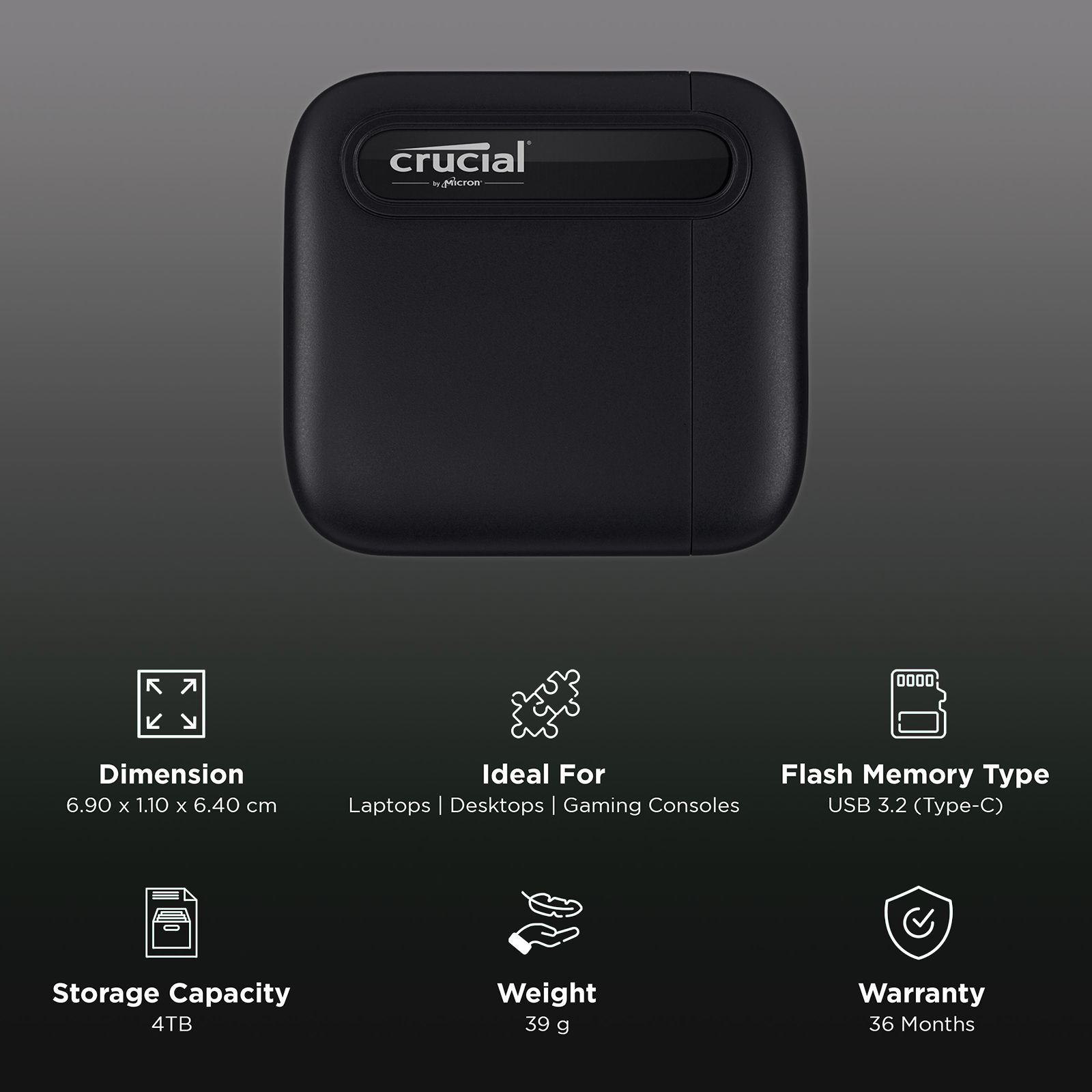 Crucial X6 4TB USB-C (3.2) Portable Solid State Drive (Shock & Vibration Resistant, Black) Crucial X6 4TB USB-C (3.2) Portable Solid State Drive (Shock & Vibration Resistant, Black)_3