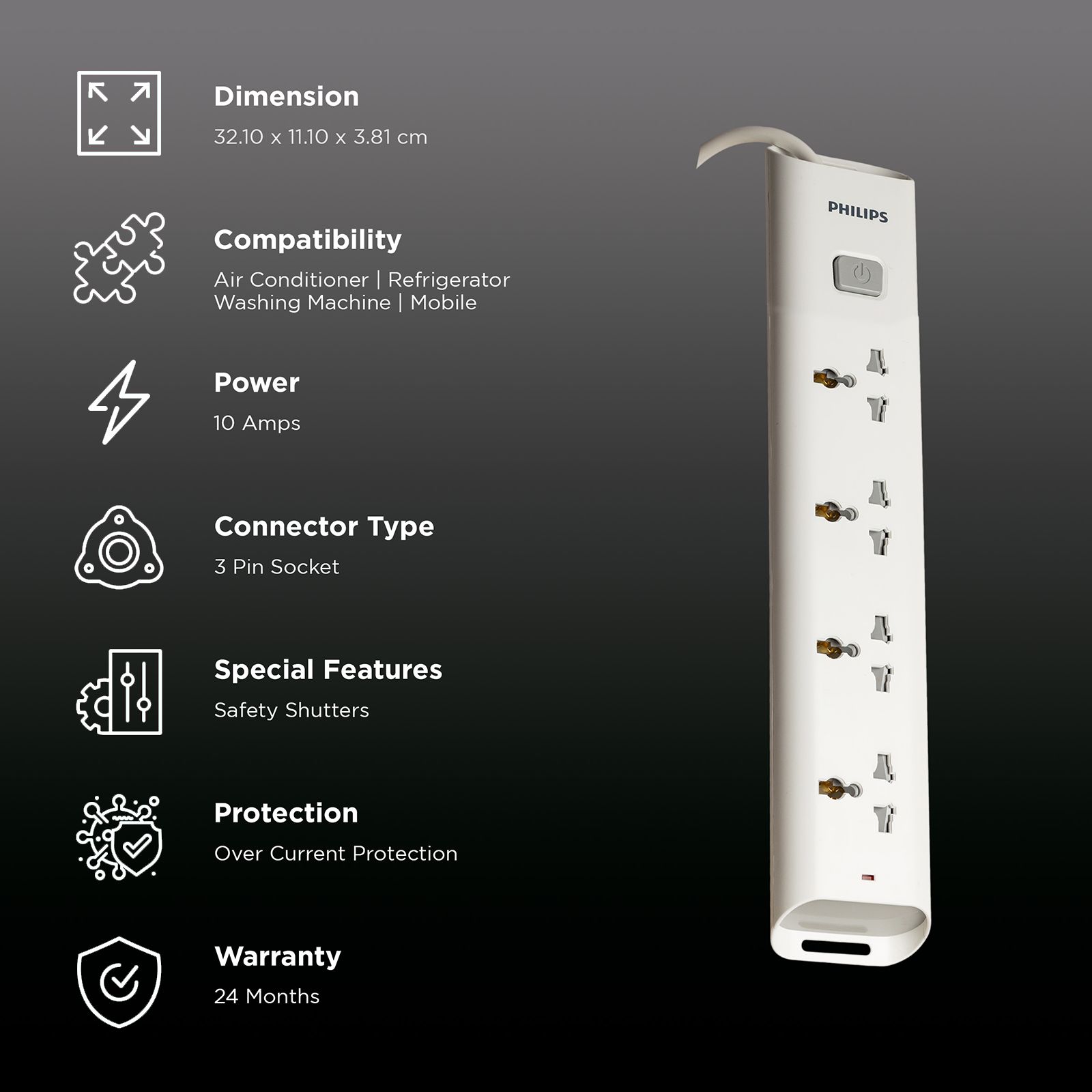PHILIPS 10 Amps 4 Sockets Extension Board (1.4 Meters, Child Safety Shutter, CHP2442W/94, White) PHILIPS 10 Amps 4 Sockets Extension Board (1.4 Meters, Child Safety Shutter, CHP2442W/94, White)_2