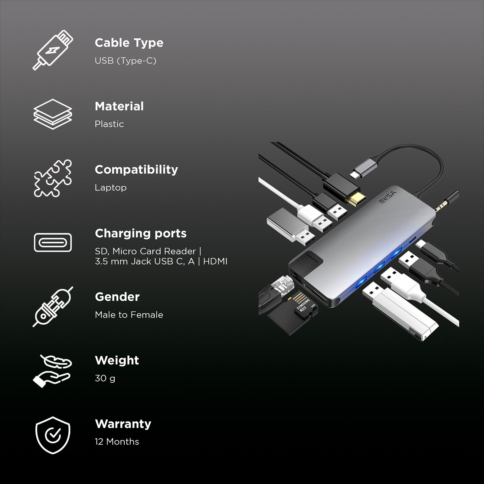 EKSA T20 USB (Type-C) to USB 3.0 Multi-Port Hub (12-in-1, Grey)_2