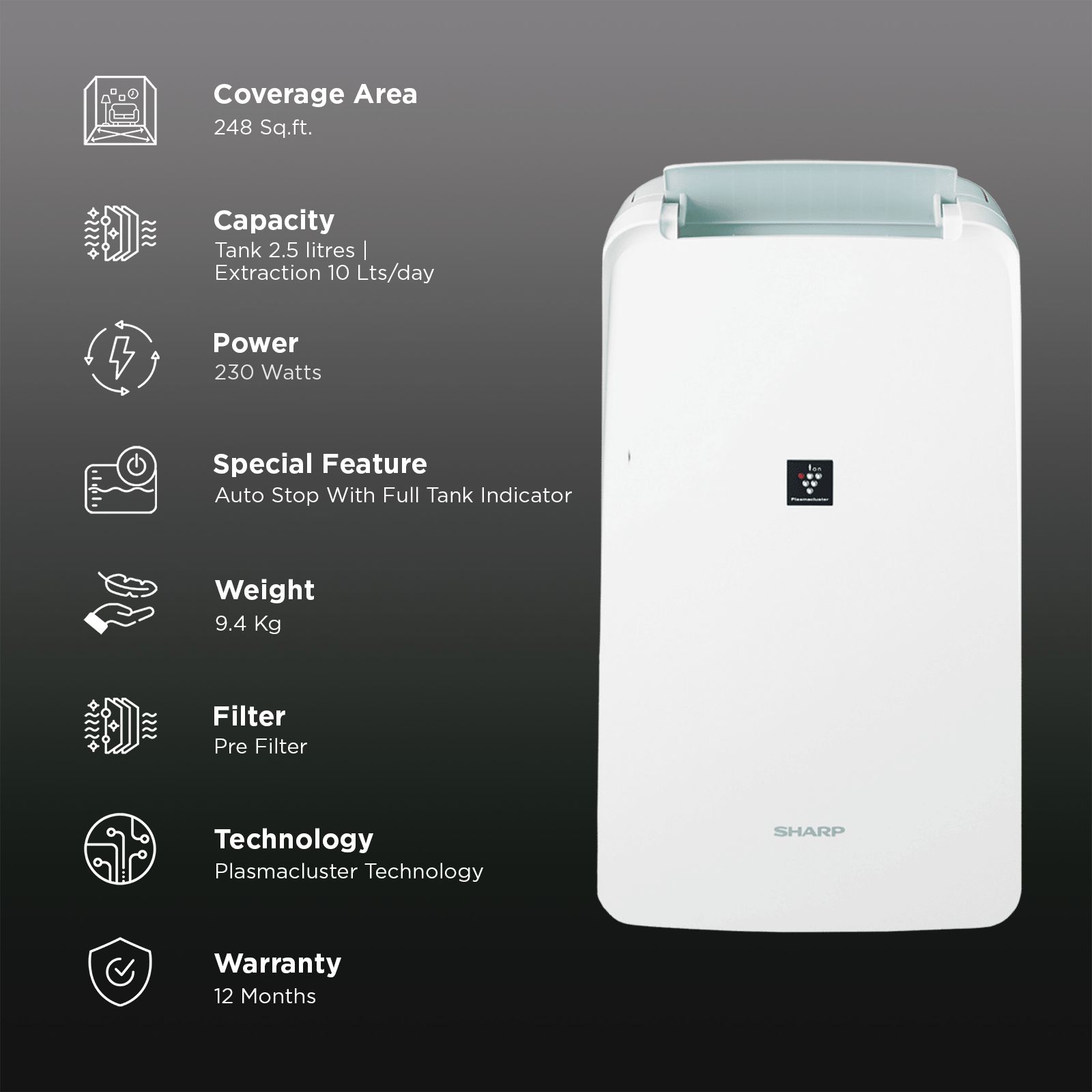 SHARP Room Air Dehumidifier with PlasmaCluster Ion Technology (Child Lock, White) SHARP Room Air Dehumidifier with PlasmaCluster Ion Technology (Child Lock, White)_3