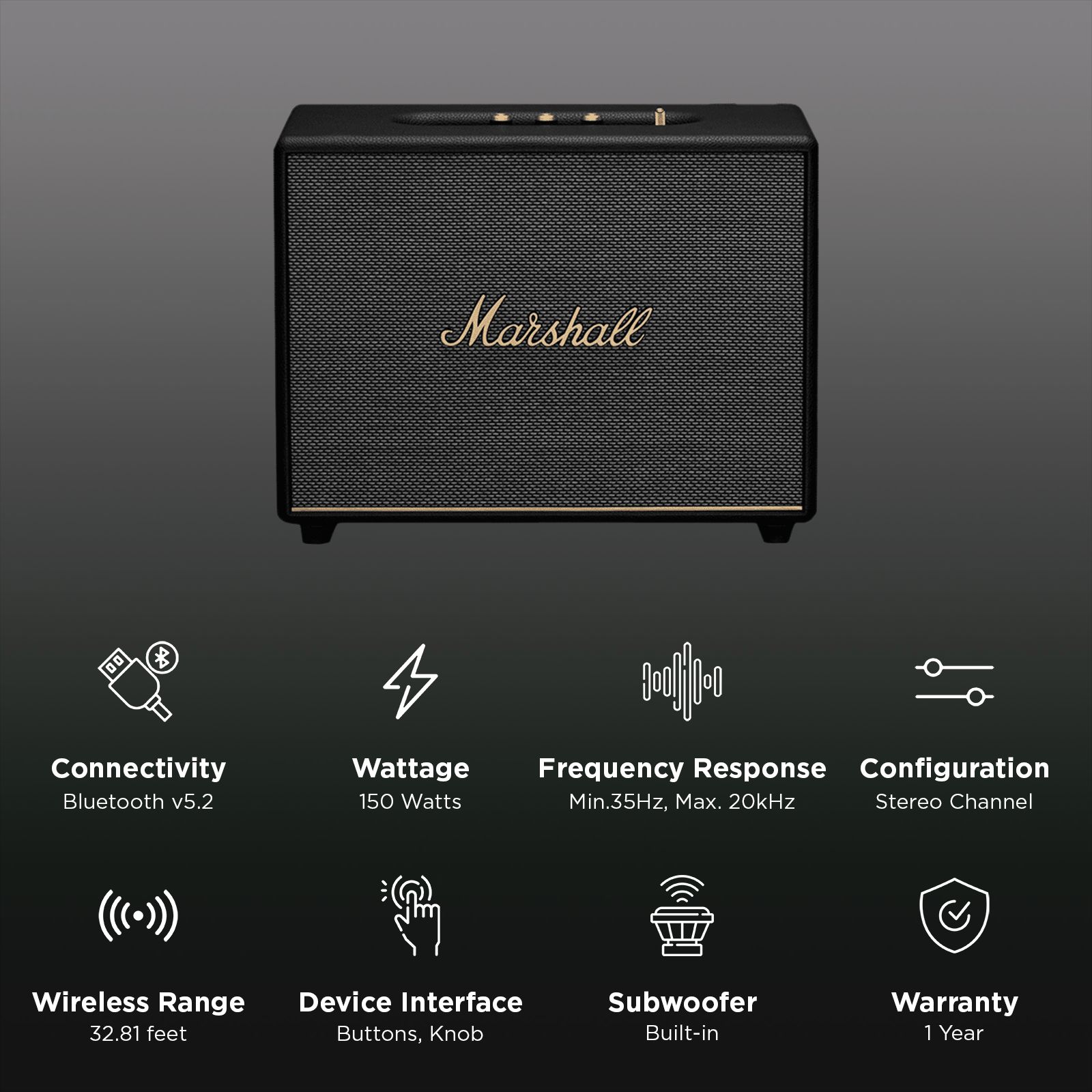 Marshall Woburn III 150W Portable Bluetooth Speaker (Home-Shaking Signature Sound, Stereo Channel, Black)_2