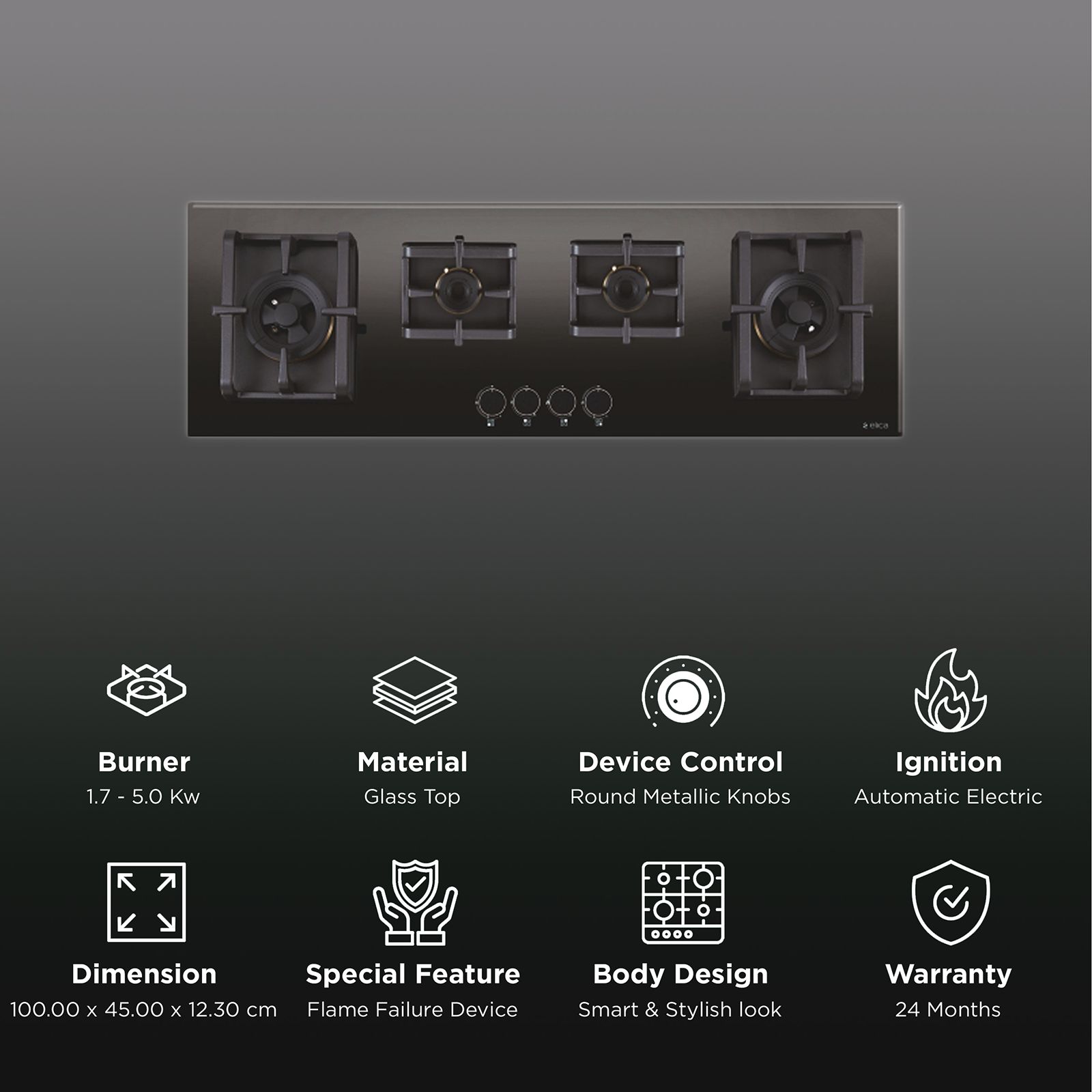 Elica PRO MAX FB MFC 4B 100 DX FFD Glass Top 4 Burner Automatic Electric Hob (Round Metallic Knob, Black) Elica PRO MAX FB MFC 4B 100 DX FFD Glass Top 4 Burner Automatic Electric Hob (Round Metallic Knob, Black)_3