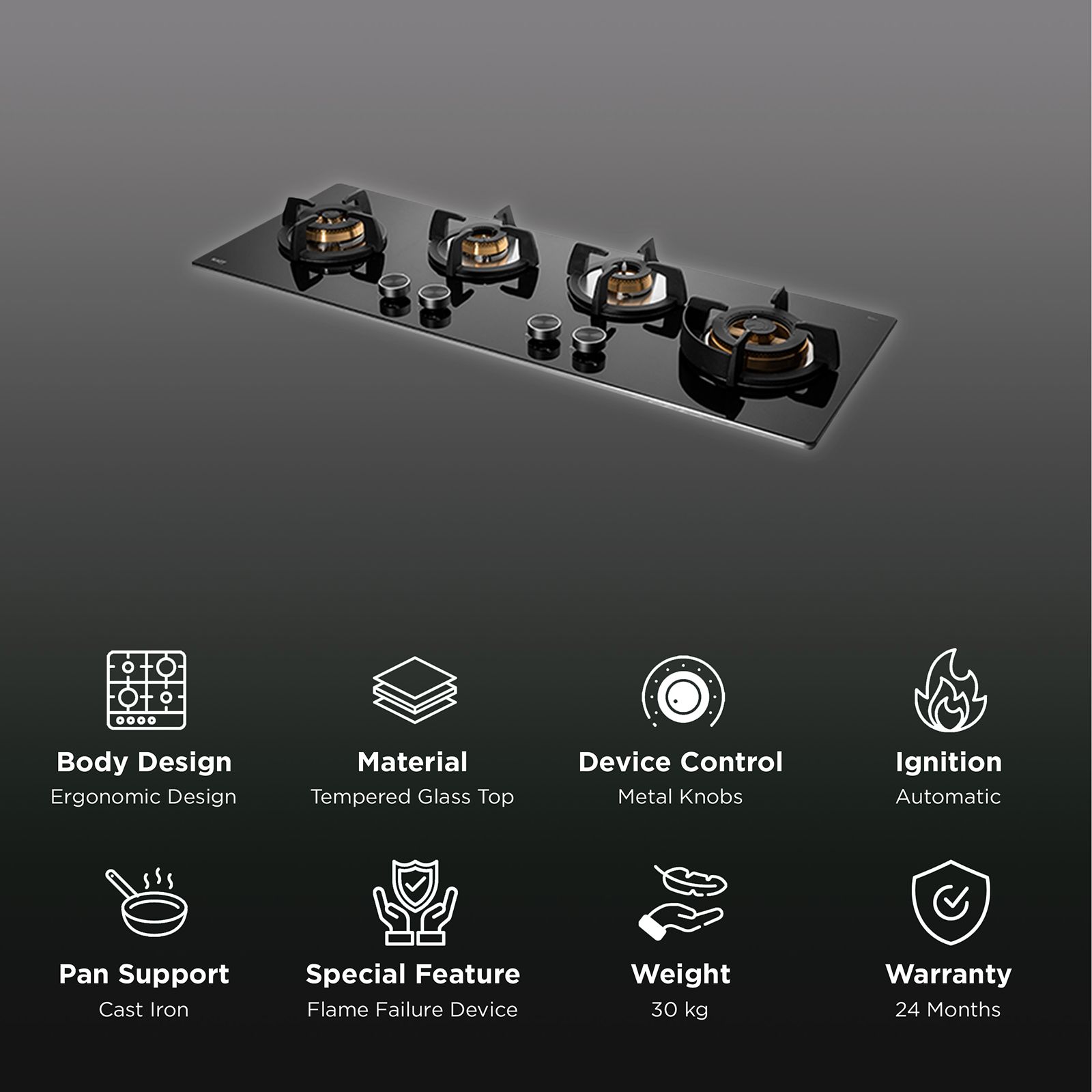 KAFF Bellini-F Tempered Glass Top 4 Burner Automatic Hob (Flame Failure Device, Black)_3