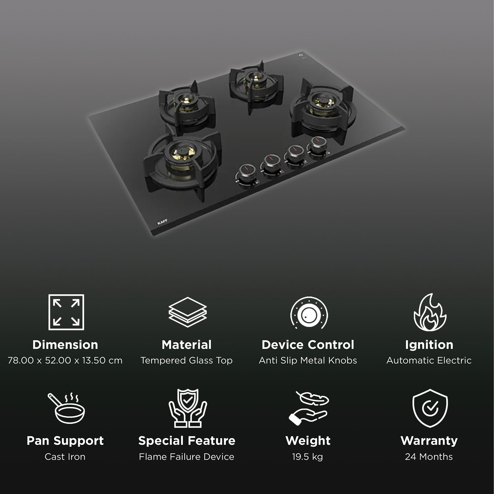 KAFF ASF 784 Tempered Glass Top 4 Burner Automatic Electric Hob (Flame Failure Device, Black) KAFF ASF 784 Tempered Glass Top 4 Burner Automatic Electric Hob (Flame Failure Device, Black)_3