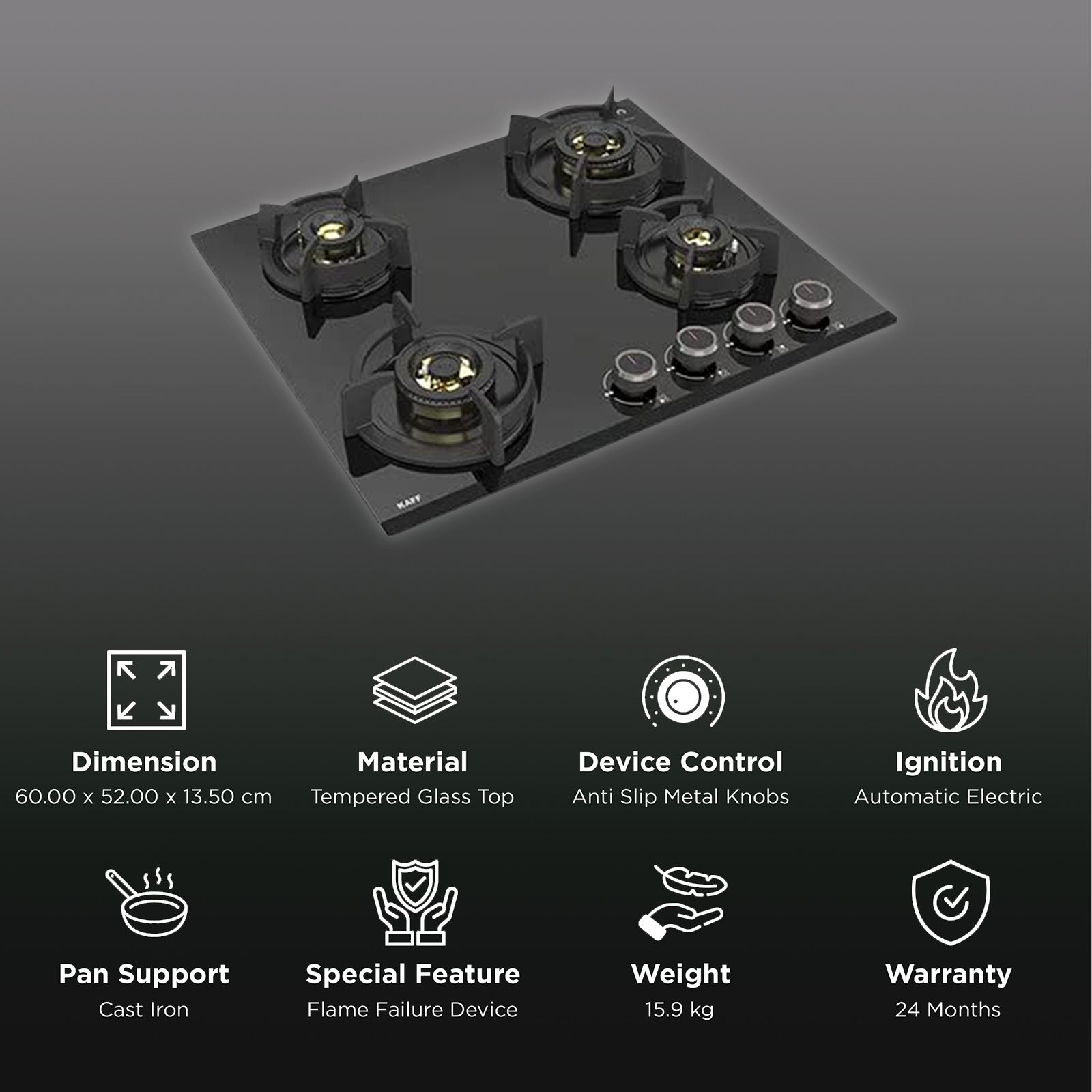 KAFF ASF 604 Tempered Glass Top 4 Burner Automatic Electric Hob (Flame Failure Device, Black) KAFF ASF 604 Tempered Glass Top 4 Burner Automatic Electric Hob (Flame Failure Device, Black)_3