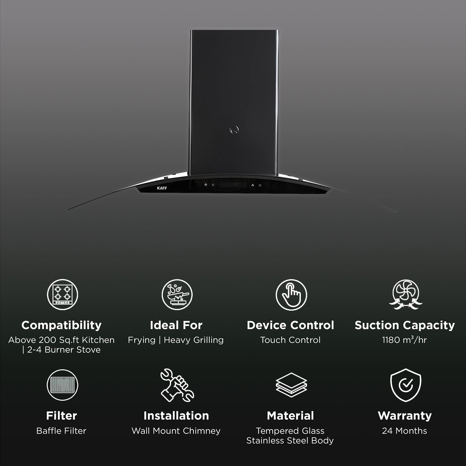 KAFF OPEC TX DHC 60cm 1180m3/hr Ducted Auto Clean Wall Mounted Chimney with Digital Display (Black) KAFF OPEC TX DHC 60cm 1180m3/hr Ducted Auto Clean Wall Mounted Chimney with Digital Display (Black)_3