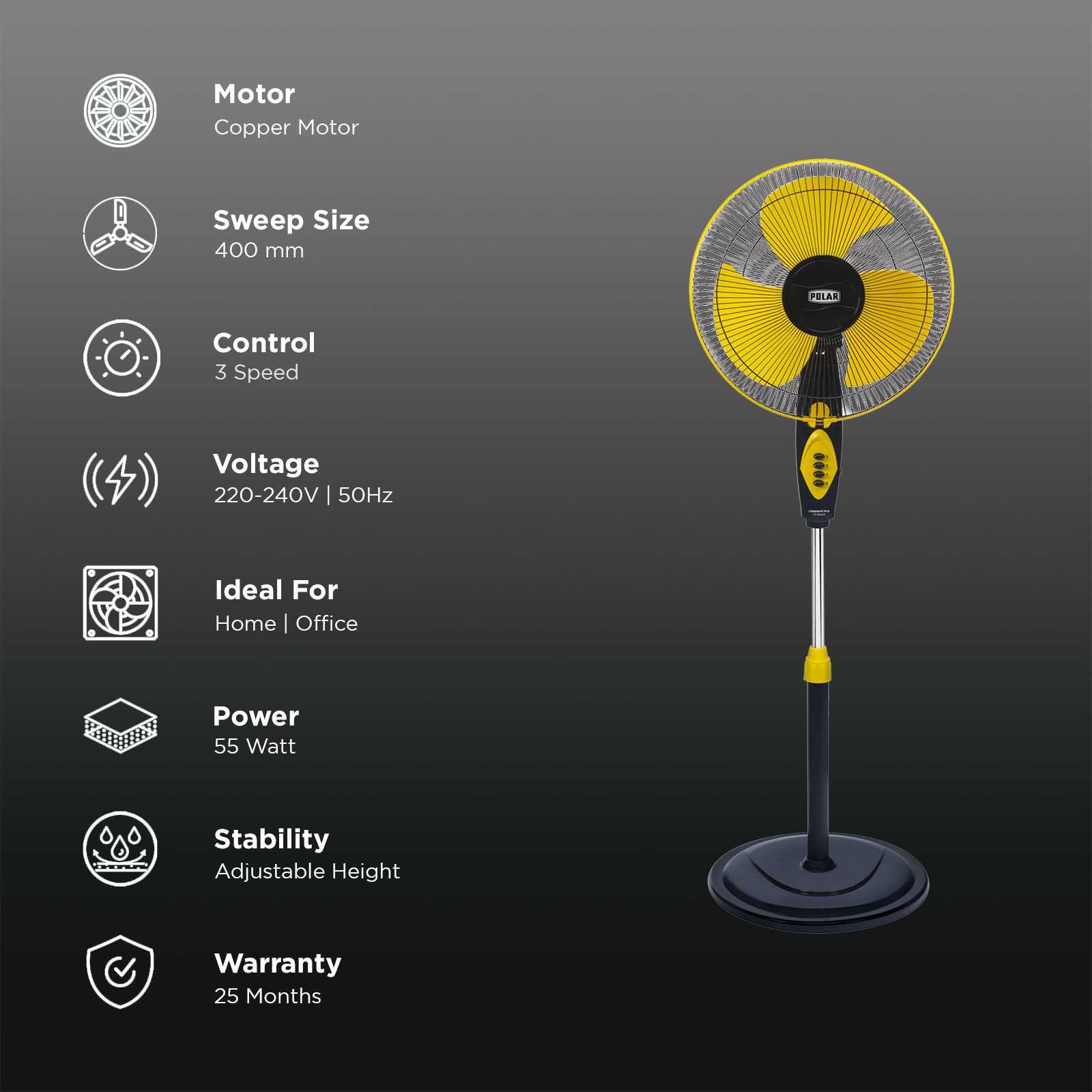 POLAR Conquest 1 Star 400mm 3 Blade Copper Motor Pedestal Fan (Auto Thermal Overload Protection, Yellow & Black) POLAR Conquest 1 Star 400mm 3 Blade Copper Motor Pedestal Fan (Auto Thermal Overload Protection, Yellow & Black)_2