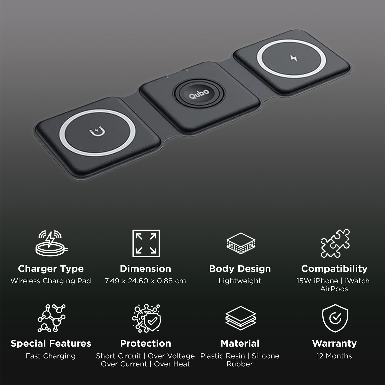 Qubo MagZap Z3 15W 3-in-1 Wireless Charger for iPhone 11, X, 12 & Above, AirPods 3rd G, Pro & iWatch 1, 2, 3, 4, 5, 6, SE, 7 (Short Circuit Control, Black) Qubo MagZap Z3 15W 3-in-1 Wireless Charger for iPhone 11, X, 12 & Above, AirPods 3rd G, Pro & iWatch 1, 2, 3, 4, 5, 6, SE, 7 (Short Circuit Control, Black)_2