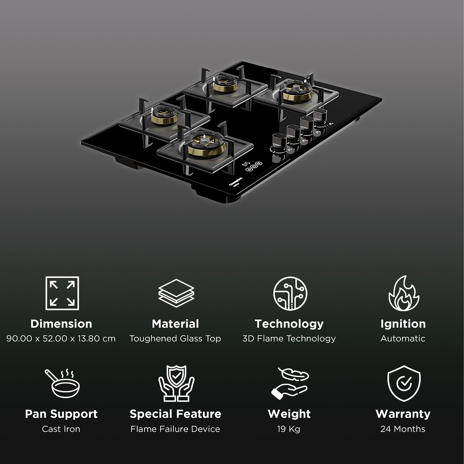 Crompton Optime Toughened Glass Top 4 Burner Automatic Hob (3D Flame Technology, Midnight Black) Crompton Optime Toughened Glass Top 4 Burner Automatic Hob (3D Flame Technology, Midnight Black)_3