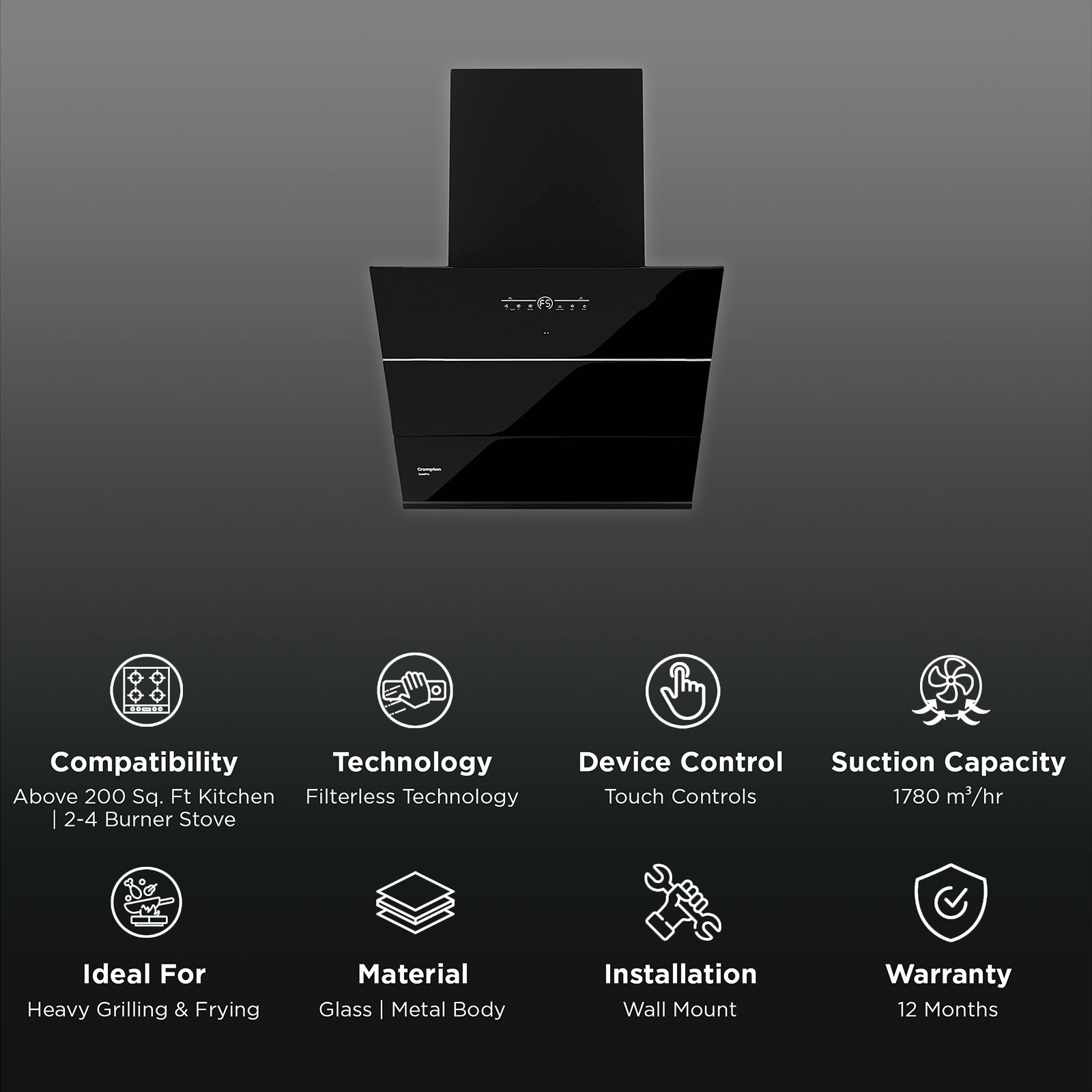 Crompton QuietPro 60cm 1780m3/hr Ducted Auto Clean Wall Mounted Chimney with Touch Control Panel (Midnight Black)_3