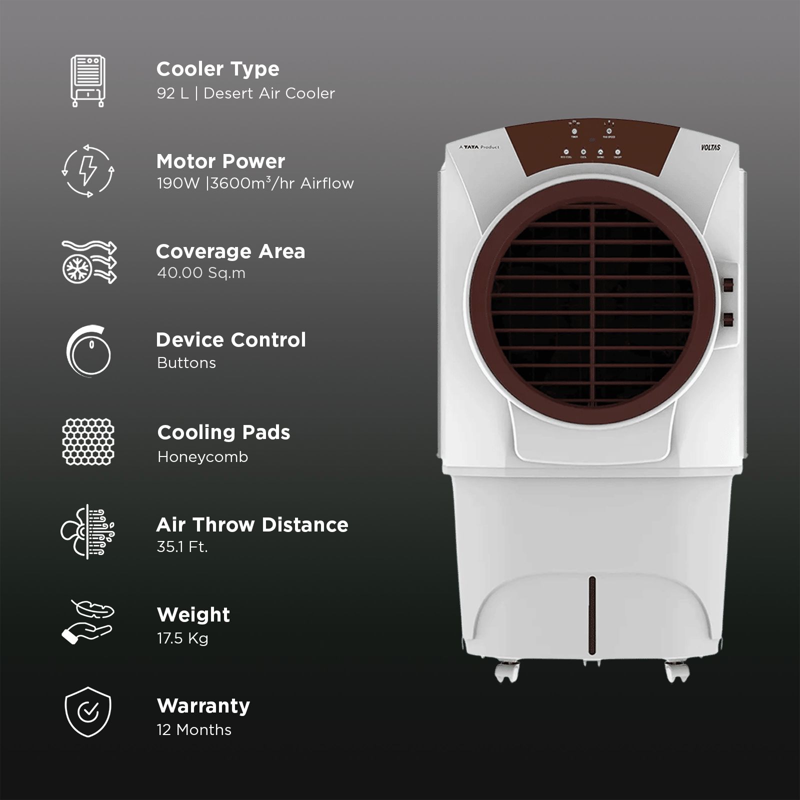 VOLTAS Grand 92E 92 Litres Desert Air Cooler with Thermal Overload Protection (Water Tank Indicator, White & Grey) VOLTAS Grand 92E 92 Litres Desert Air Cooler with Thermal Overload Protection (Water Tank Indicator, White & Grey)_3
