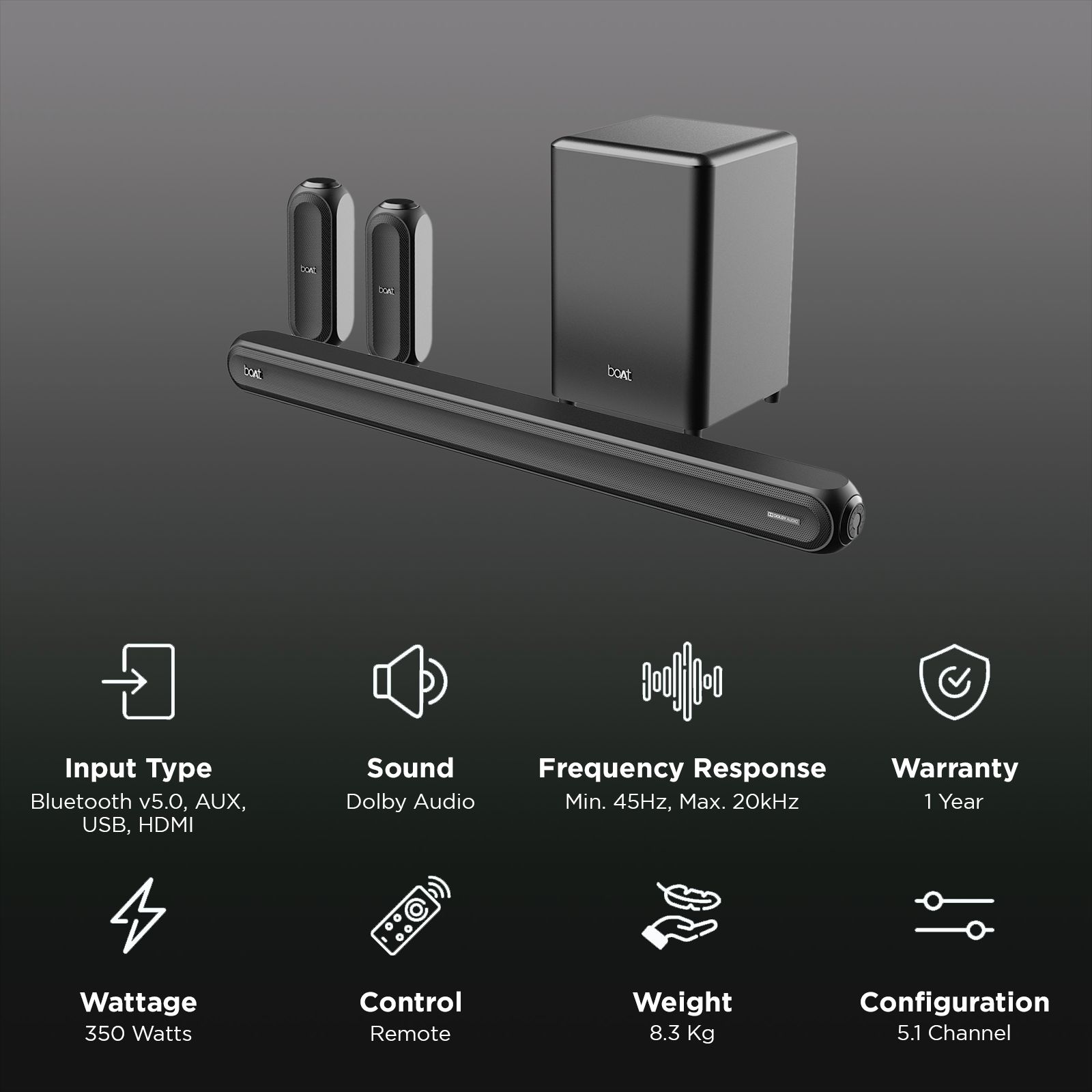 boAt Aavante Bar 3200D 350W Bluetooth Soundbar with Remote (3D Surround Sound, 5.1 Channel, Premium Black) boAt Aavante Bar 3200D 350W Bluetooth Soundbar with Remote (3D Surround Sound, 5.1 Channel, Premium Black)_2