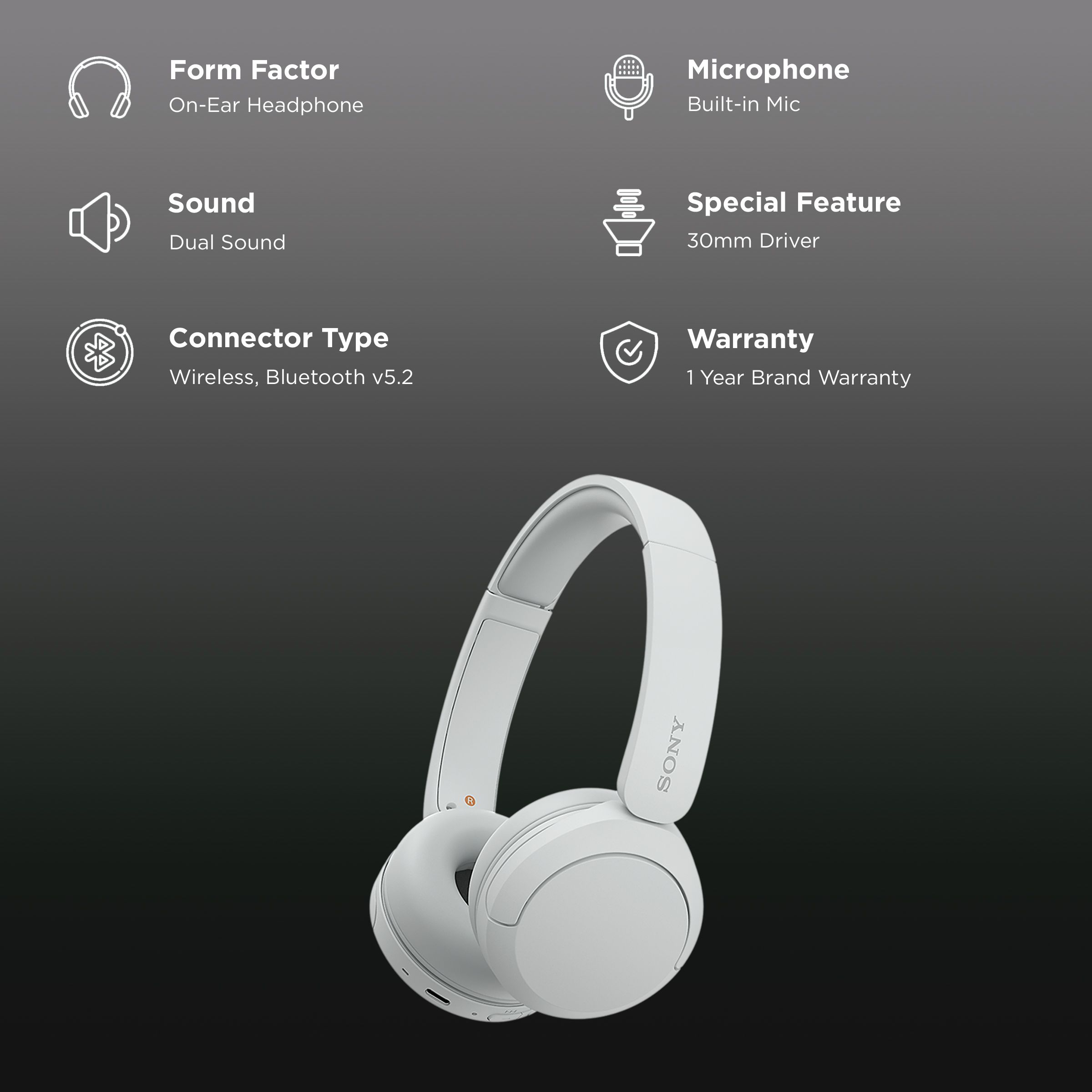 SONY WH-CH520 Bluetooth Headphone with Mic (30mm Driver, On Ear, White)_2