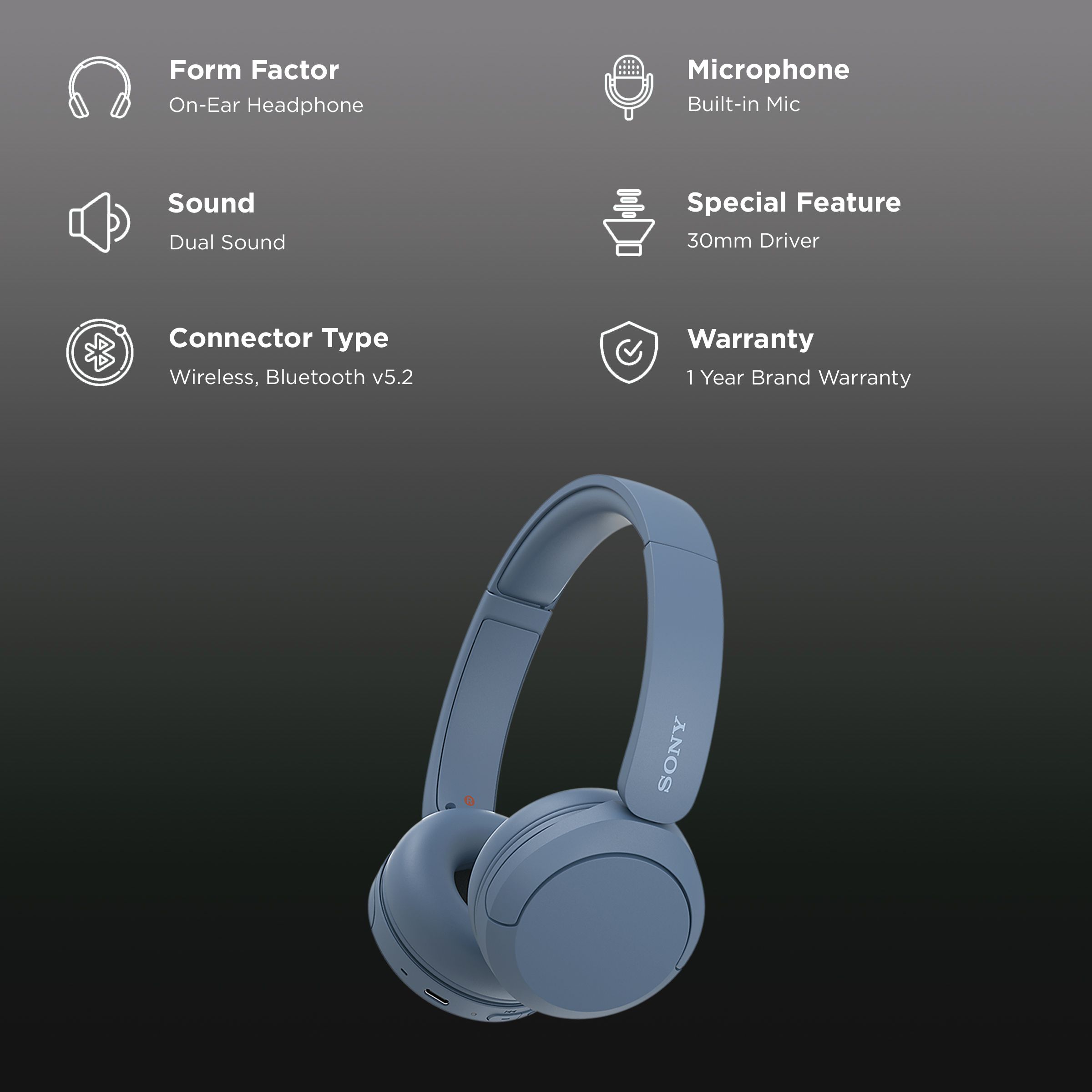 SONY WH-CH520 Bluetooth Headphone with Mic (30mm Driver, On Ear, Blue)_2