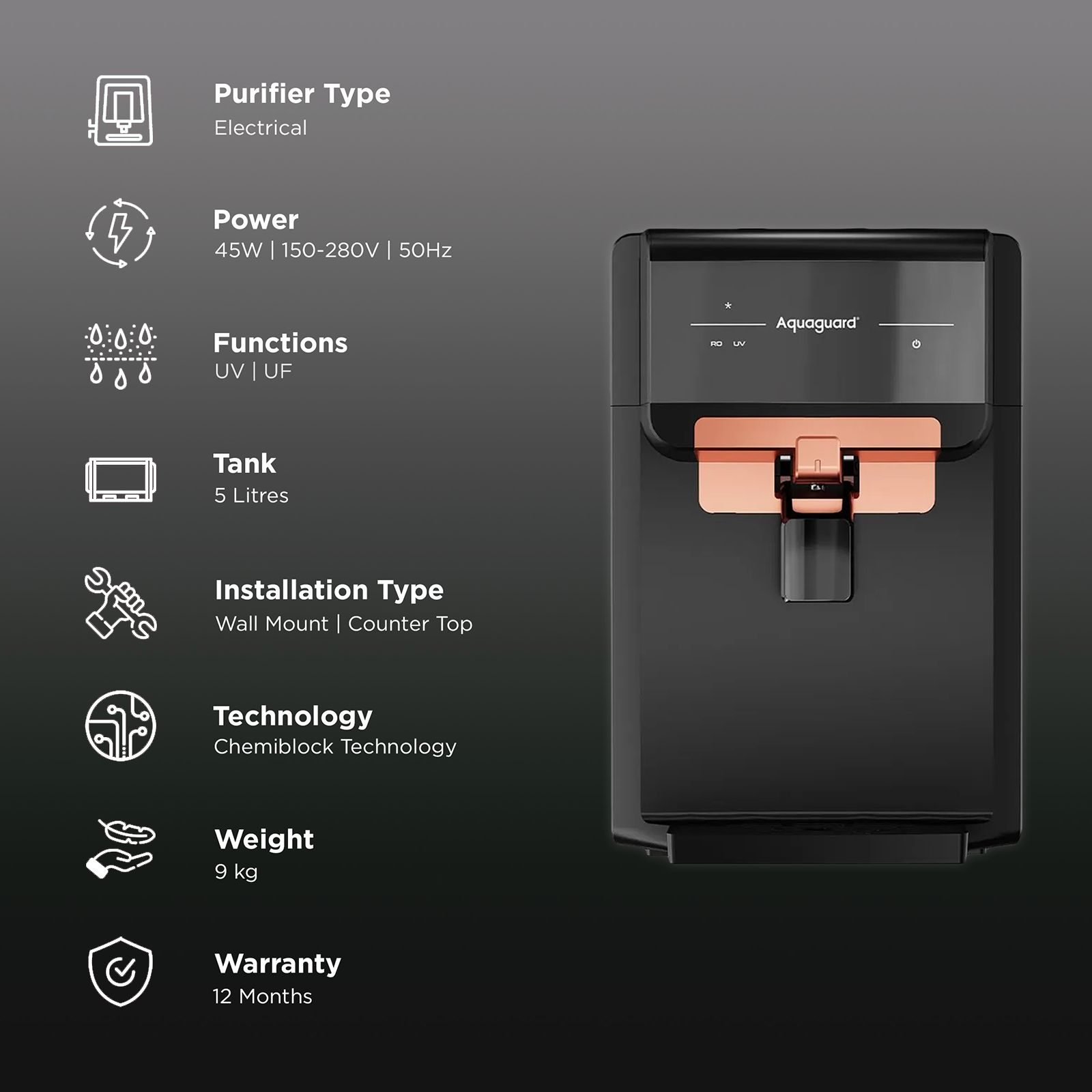 Aquaguard Eden 5L UV + UF Water Purifier with Chemiblock Technology (Black/Copper) Aquaguard Eden 5L UV + UF Water Purifier with Chemiblock Technology (Black/Copper)_3