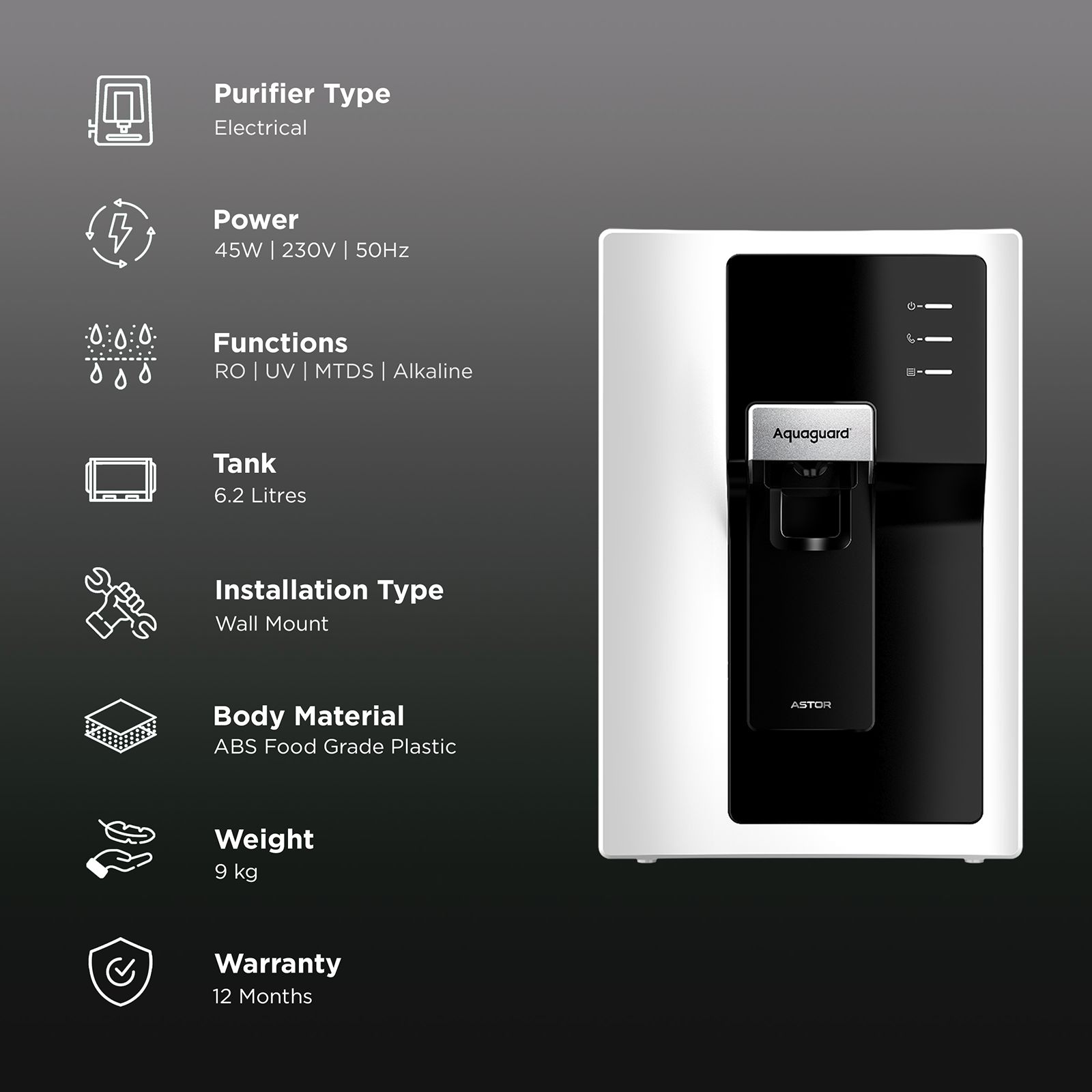Aquaguard Astor 6.2L RO + UV + MTDS + Alkaline Smart Water Purifier with 9 Stage Purification (Black & White)_3